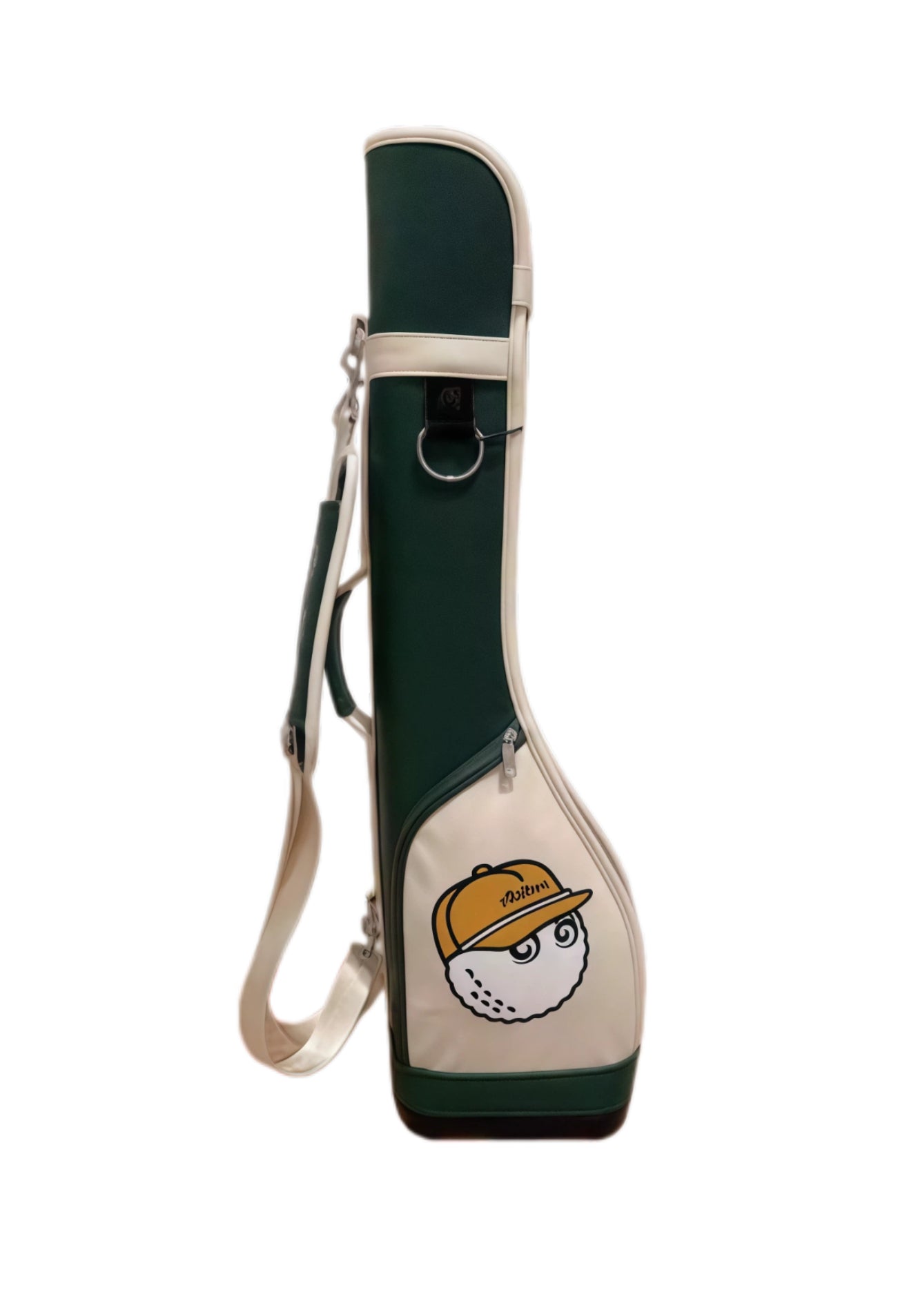 Two-tone Malbon Golf Sunday bag in beige and dark green with yellow cap mascot. Features padded shoulder strap and compact design for lightweight carrying.