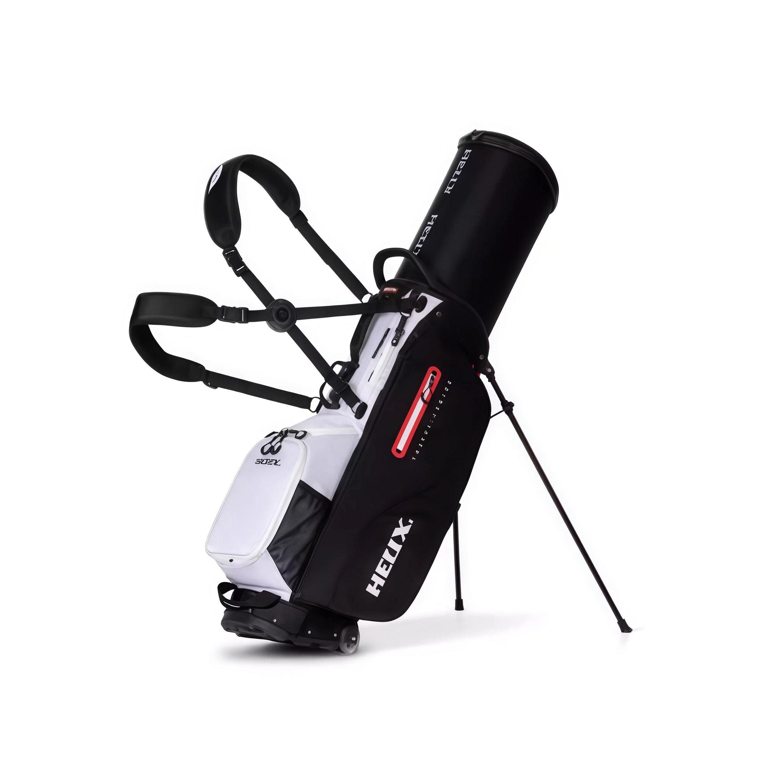 Black HELIX golf travel stand bag featuring durable fabric, integrated wheels, and a compact design ideal for airline carry-on and weekend play