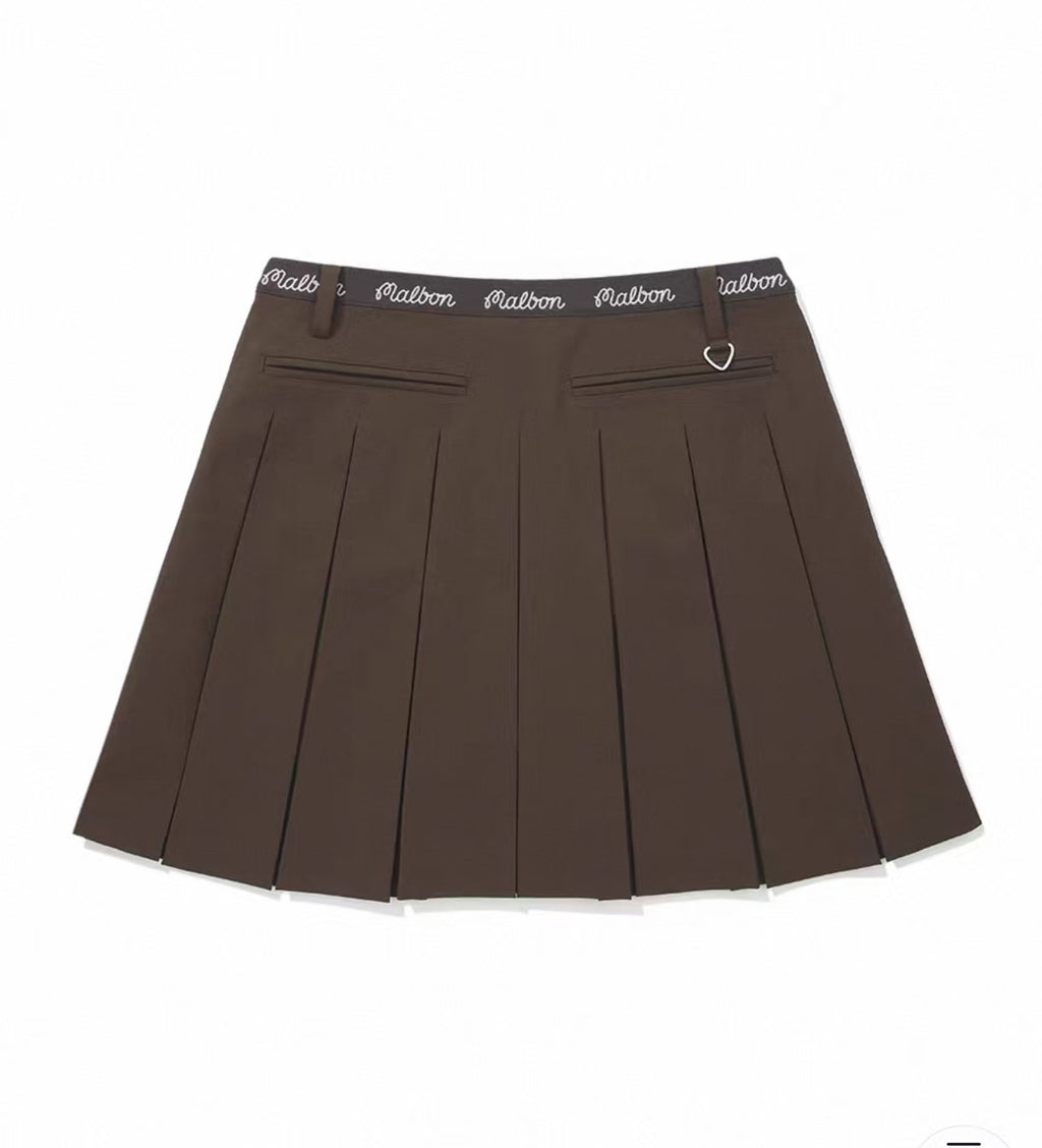 Malbon Studio Seoul High-Low Pleated Skirt Brown pleated golf skirt detail view