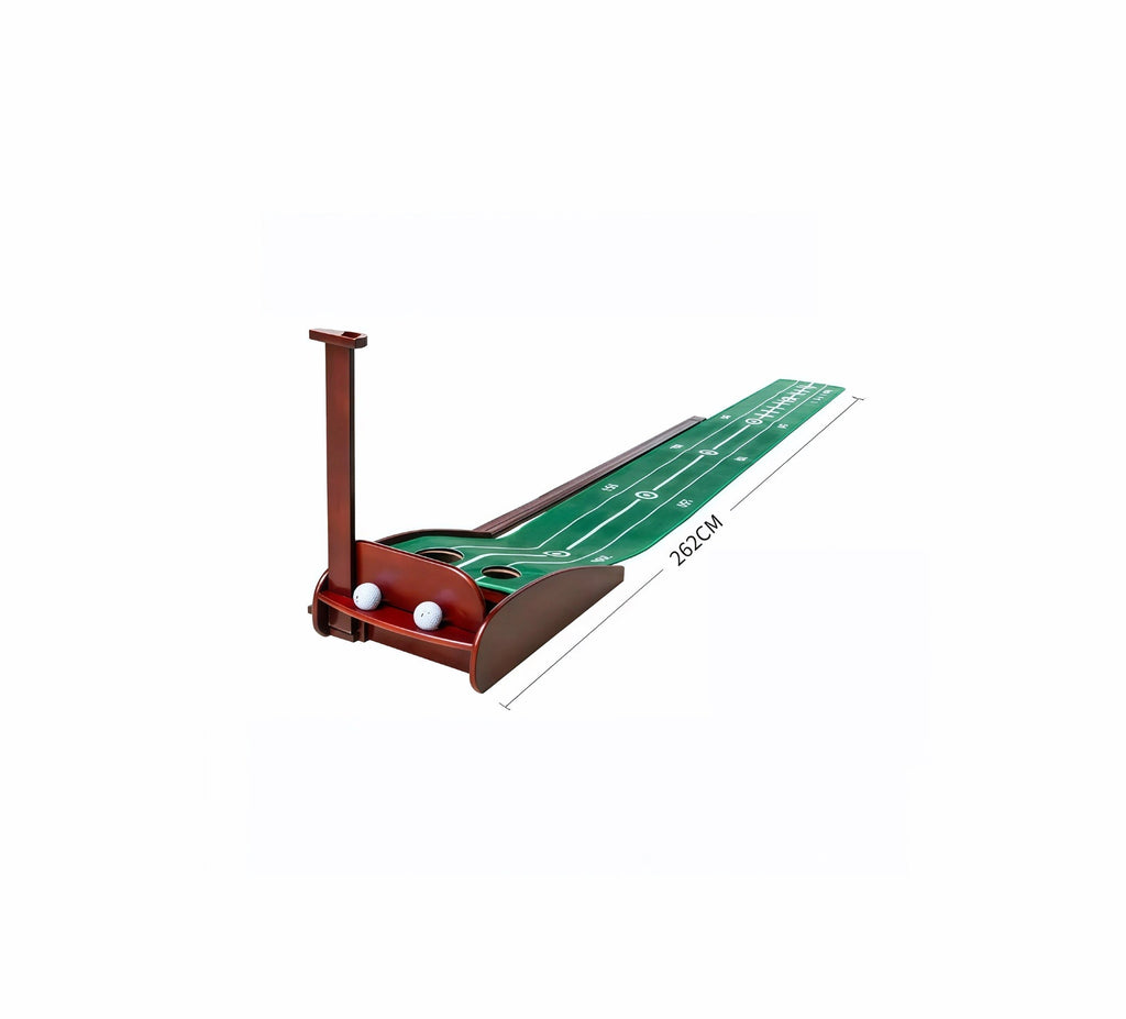 Detailed diagram of the Caiton indoor golf putting mat featuring a solid wood base, imported velvet surface, dual holes, and an automatic ball return track with aiming lines for precision practice.