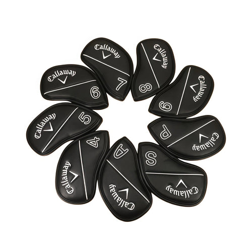 Premium black leather Callaway iron headcovers displayed in flower pattern — each cover features embroidered Callaway logo and club number/letter (4,5,6,7,8,9,P,S,A) — ideal for protecting forged or cavity back irons