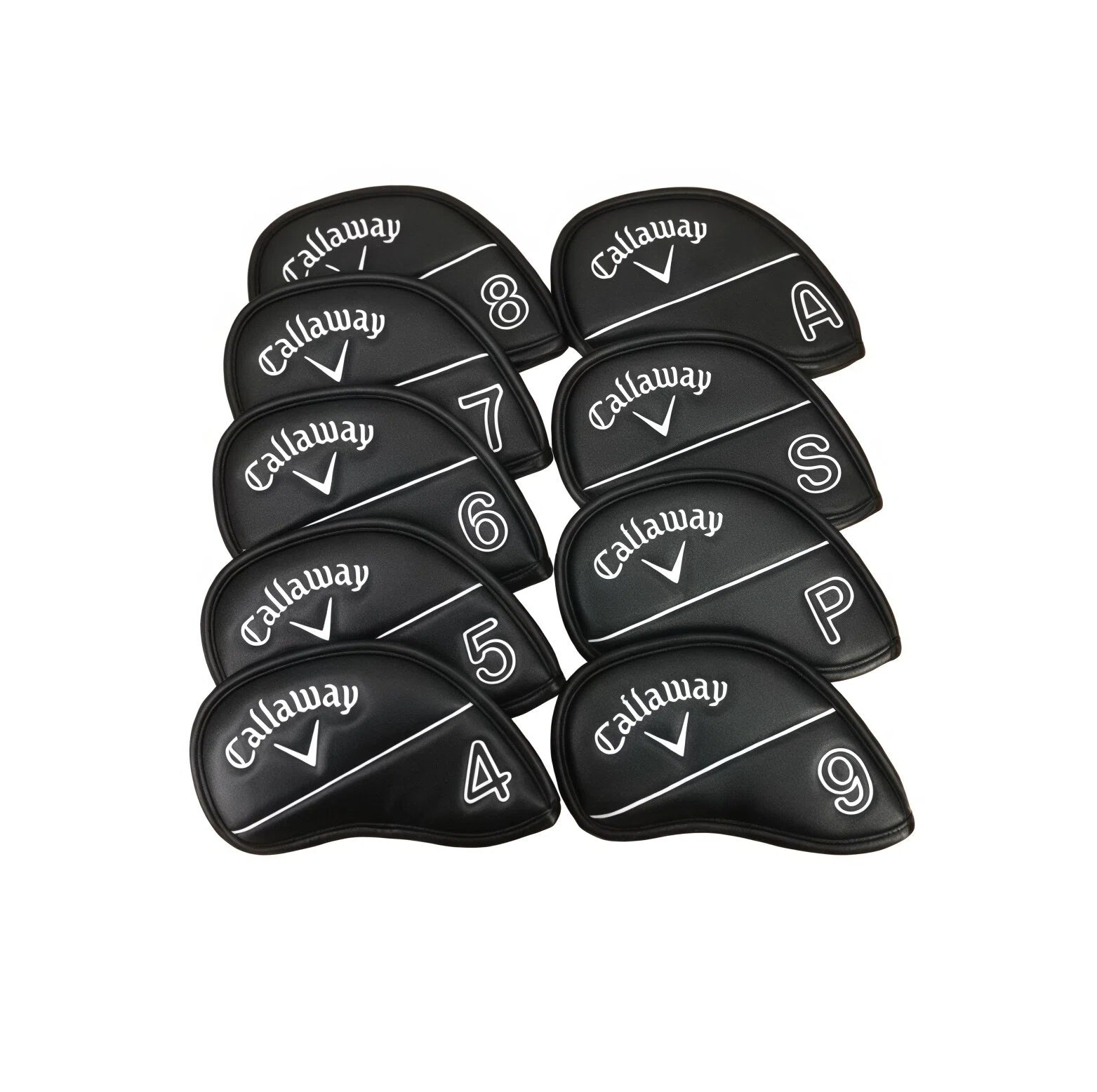 Set of 10 Callaway black leather iron headcovers with white stitching and logo — includes covers for irons 4,5,6,7,8,9,P,S,A — premium protection with classic golf styling for men’s or women’s clubs
