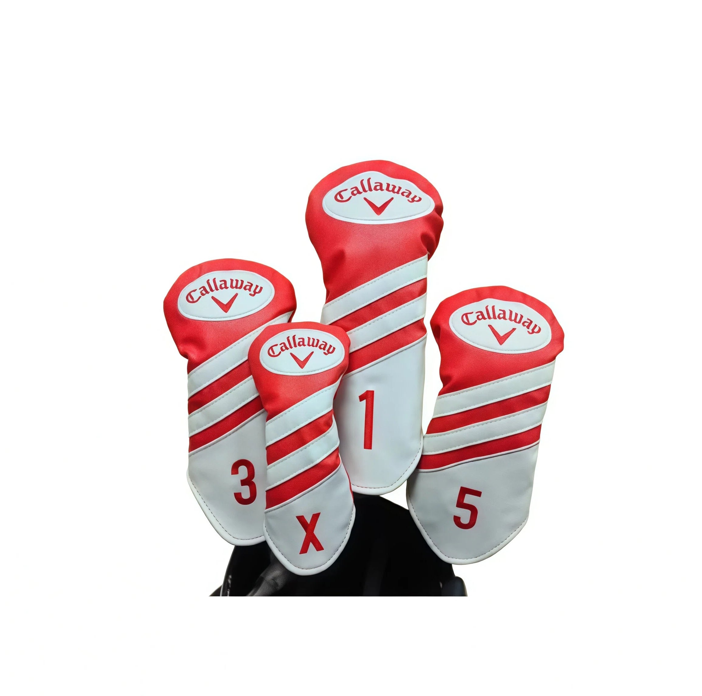 Vibrant red-and-white Callaway wood headcovers arranged on golf bag — each cover marked with number (1, 3, 5, X) and iconic chevron logo; designed with elasticized neck and soft interior to protect graphite or steel shafted woods and hybrids