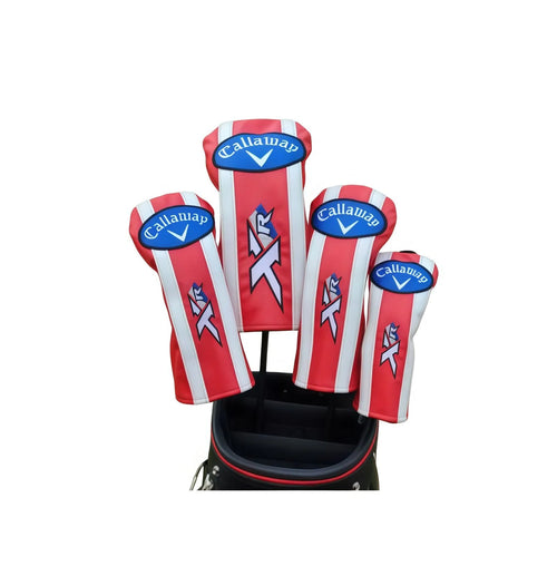 Bold red-and-white Callaway XR wood headcover set displayed on golf bag — each cover showcases dynamic diagonal stripes, “XR” emblem, and premium stitching; designed to fit most drivers, fairway woods, and hybrids with snug elastic collar