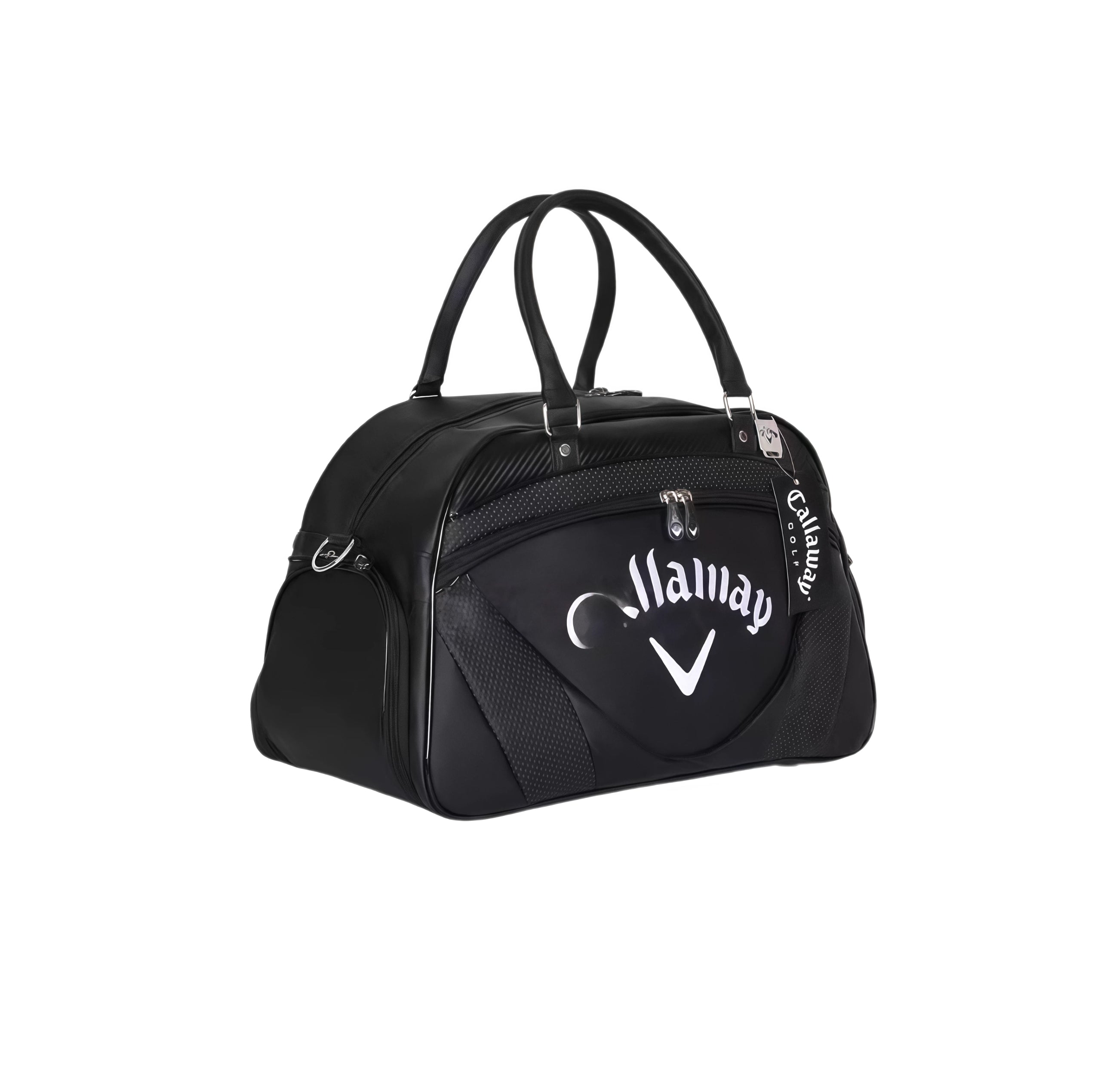 Side view of the black Callaway duffel bag showing dual top handles, zippered side pocket, and textured carbon paneling.
