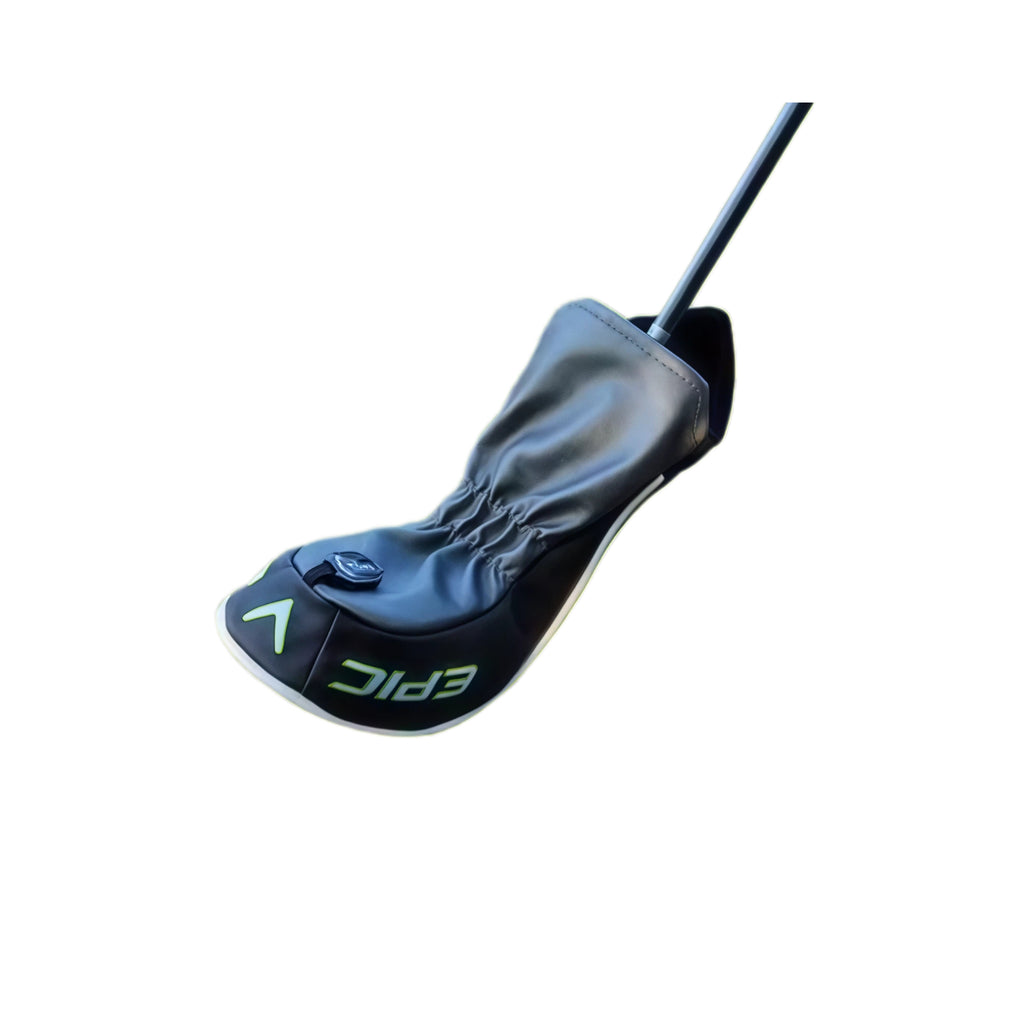 Back view of Callaway EPIC golf wood headcover showing elastic closure and black durable material, designed for secure fit and protection.