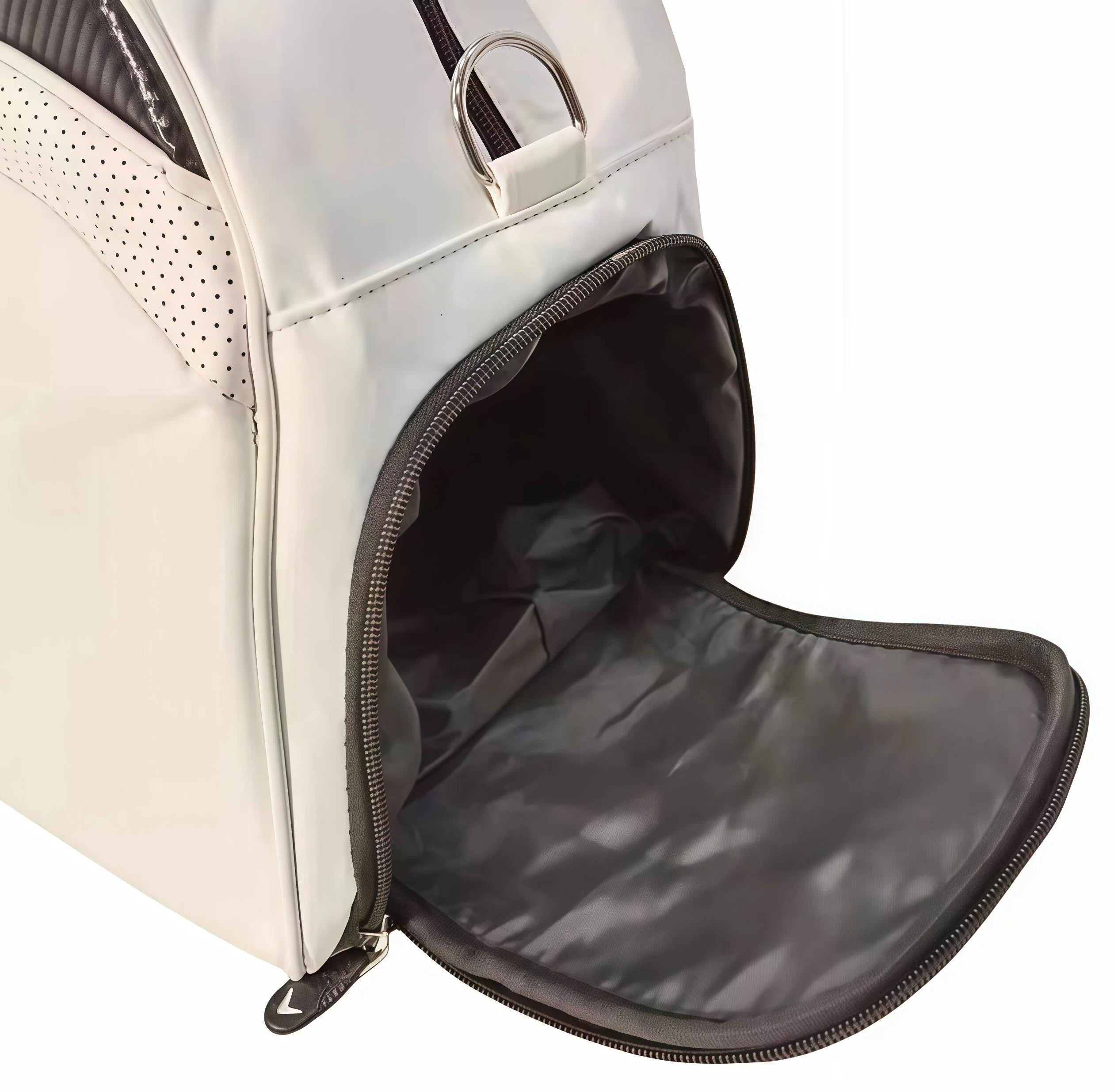 Open view of the white Callaway Exia Premium Golf Boston Bag showing the spacious, lined main compartment. Features dual-zip closure and durable fabric lining for organized storage.