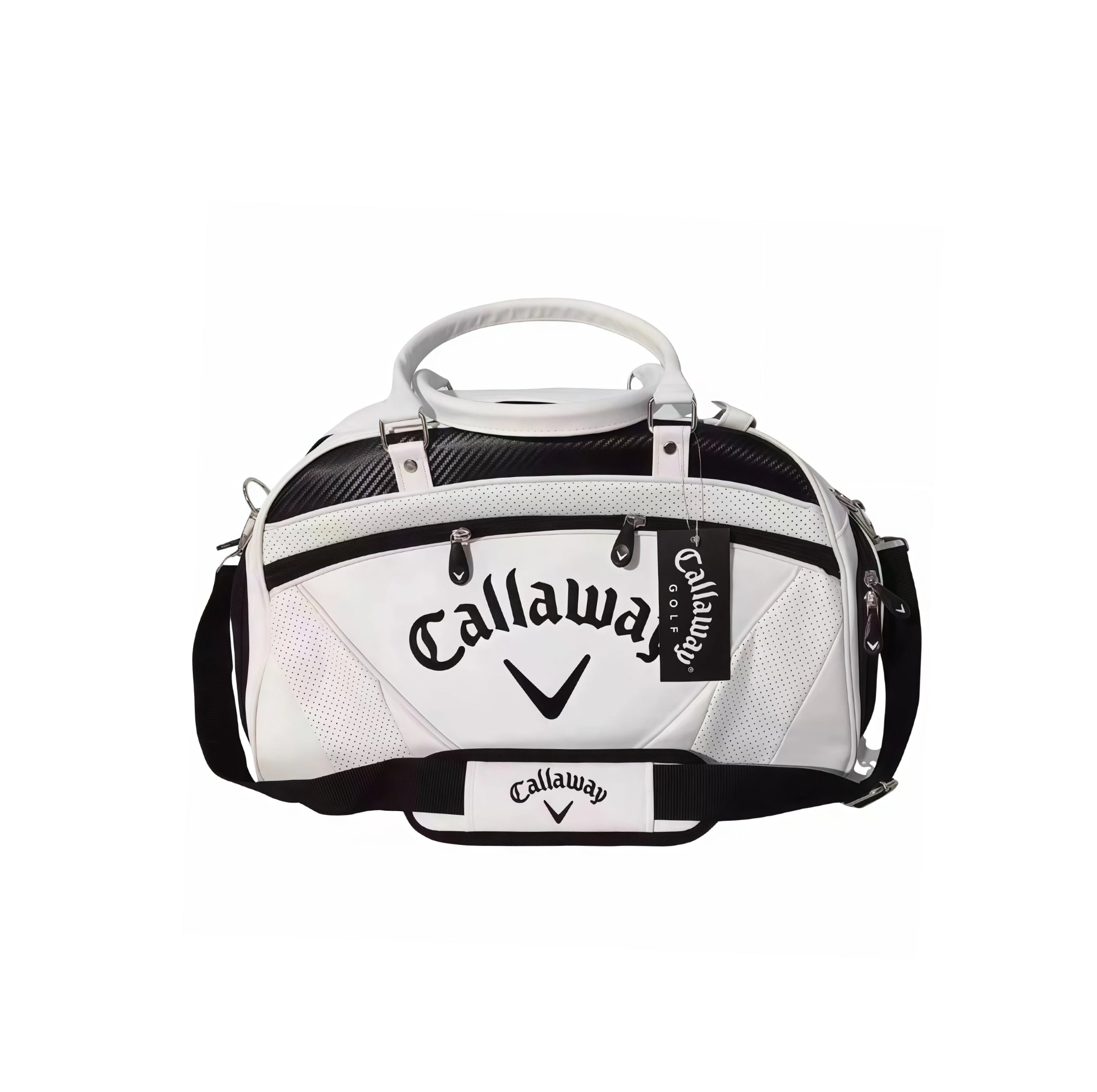 White Callaway Exia Premium Golf Boston Bag with black trim, quilted stitching, and perforated side panels. Features embossed logo, dual-zip closure, and top handle for stylish carry.
