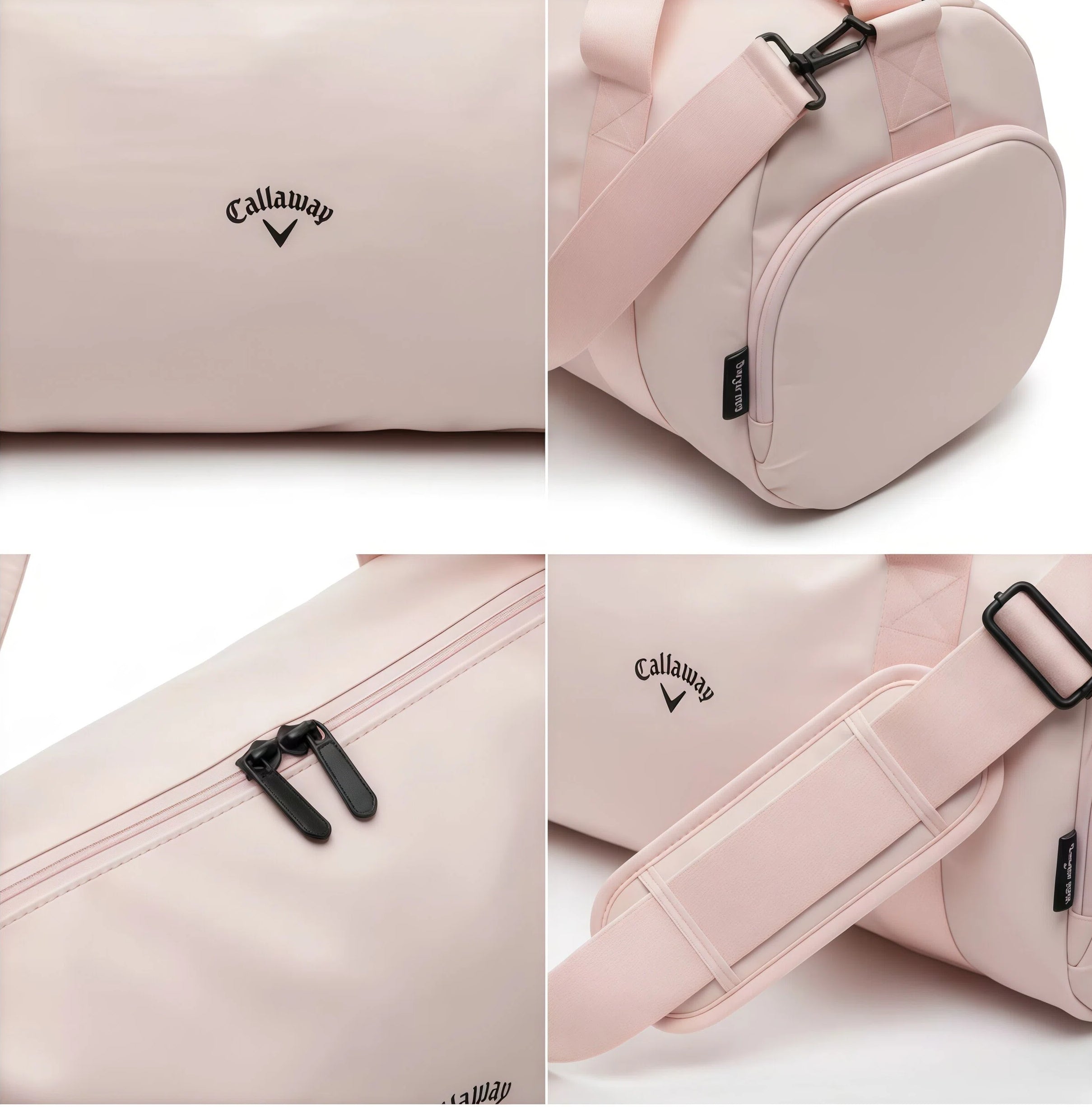 Detailed close-up of the soft pink Callaway Golf Duffel Bag 2025 showing the embroidered logo, dual zipper pulls, reinforced stitching, and adjustable shoulder strap.