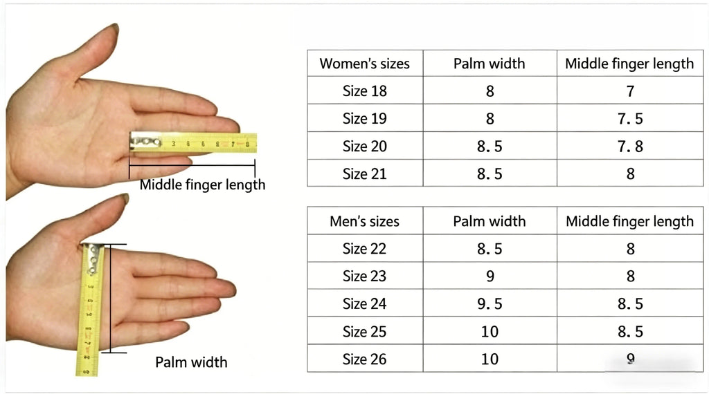 Sizing chart for Callaway men's and women's golf gloves showing how to measure palm width and middle finger length for the perfect fit.