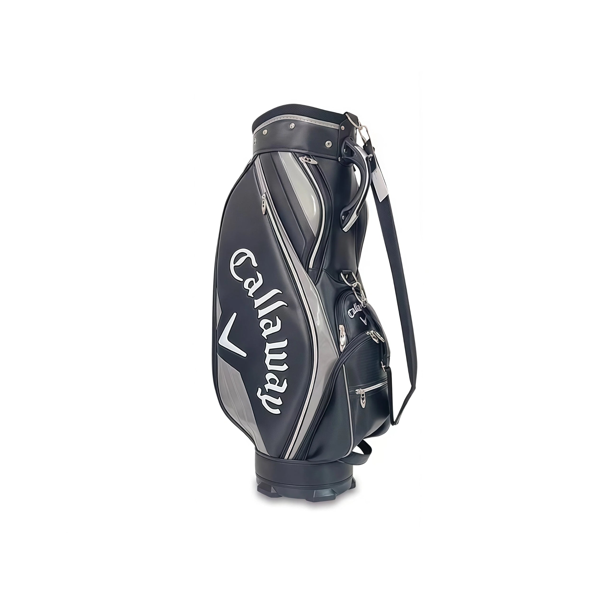 Black Callaway Quantum staff golf bag with silver accents and dual straps. High-end golf bag with structured design and multiple storage options.