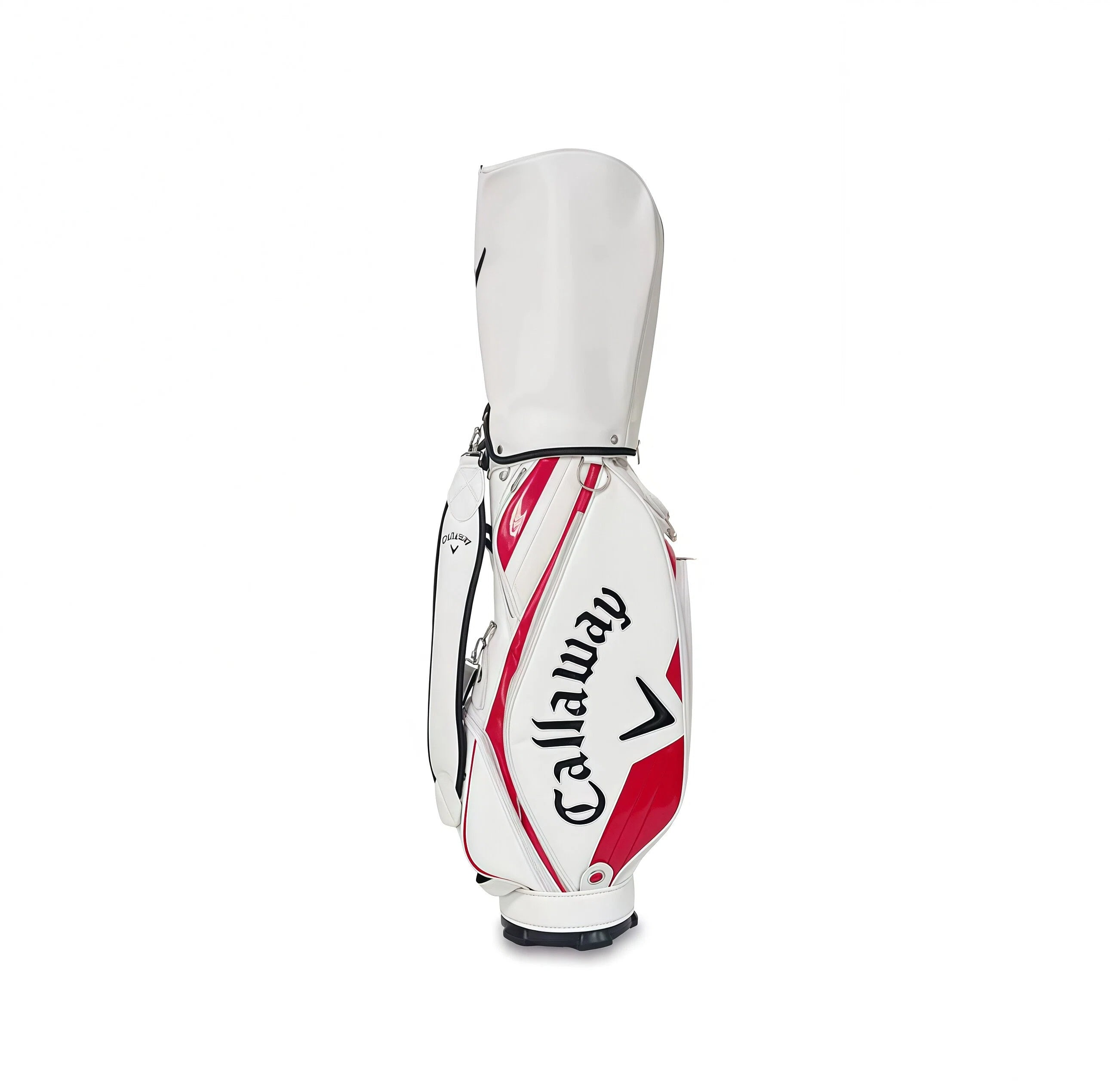 White Callaway Quantum staff golf bag with bold red glossy panels and black logo. Designed for performance and style on the course.