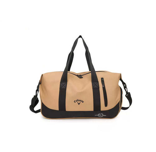Beige/tan and black Callaway Sport Hanba 1984 duffel bag with retro aesthetic and modern build. Designed for golfers and active individuals who value timeless style.
