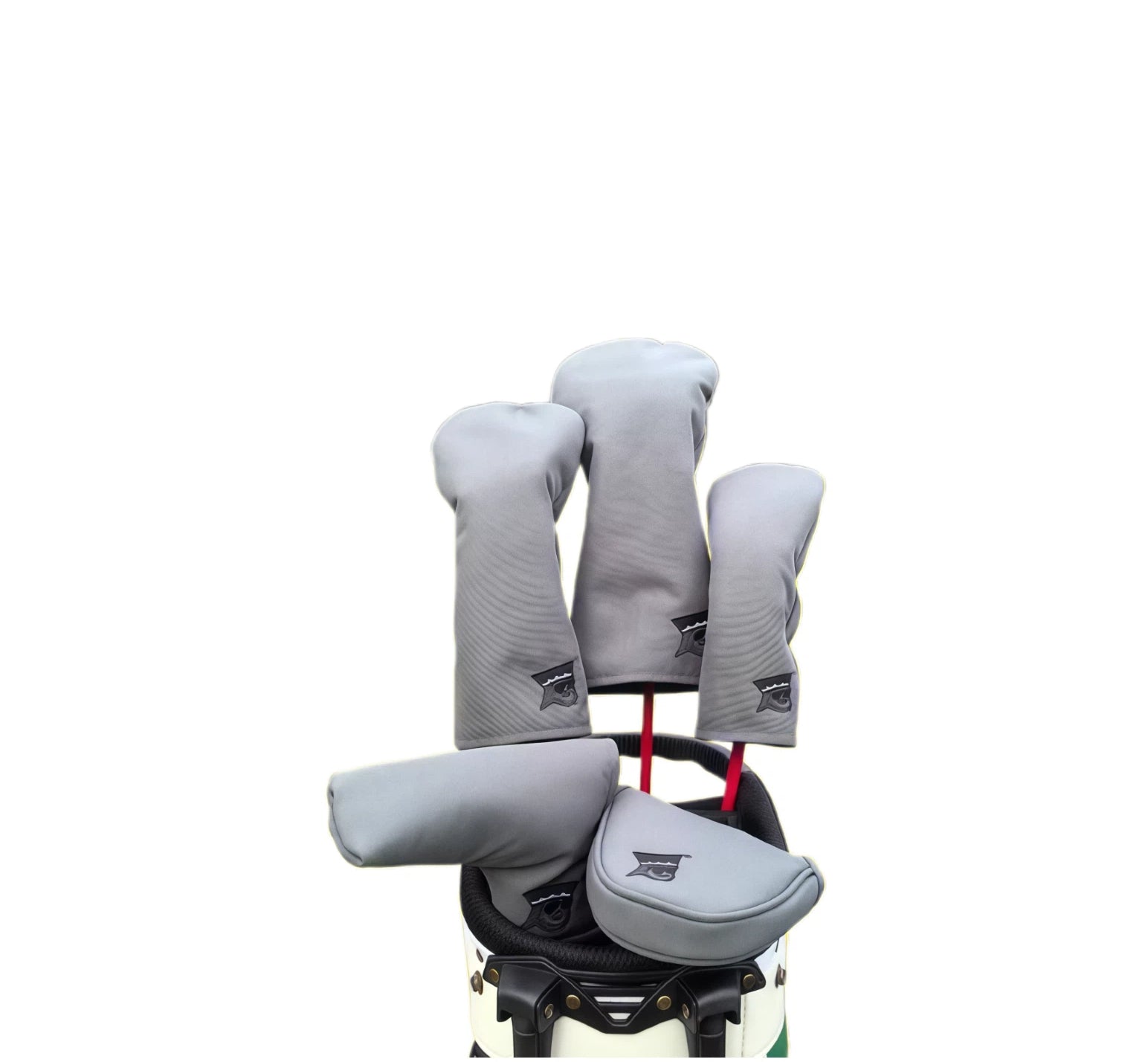 Canvas Minimalist Golf Driver Cover Set in grey with black logo, includes driver, fairway wood, and putter headcovers - unisex design for universal fit and club protection