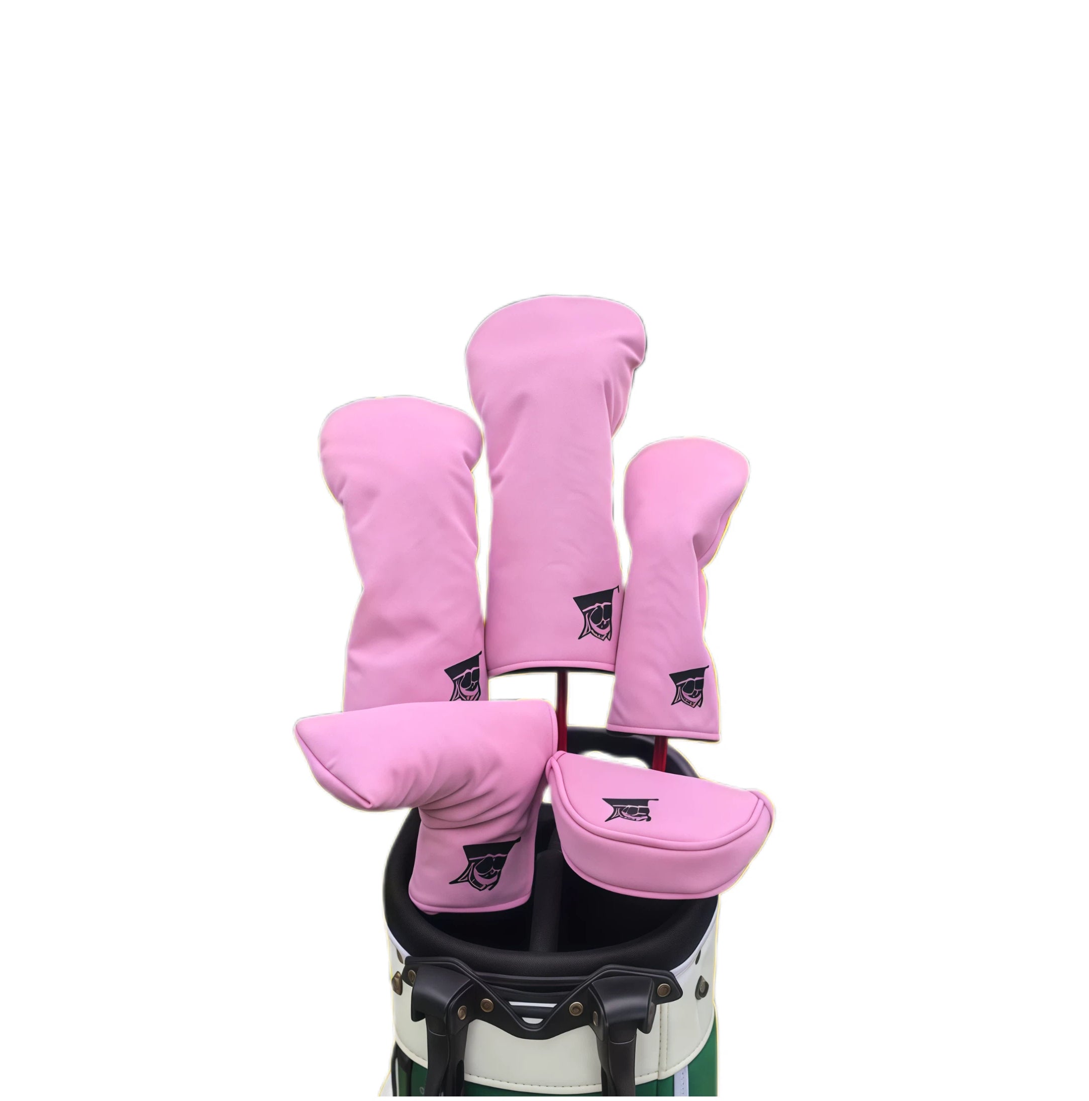Canvas Minimalist Golf Driver Cover Set in pink with black logo, includes driver, fairway wood, and putter headcovers - unisex design for universal fit and club protection