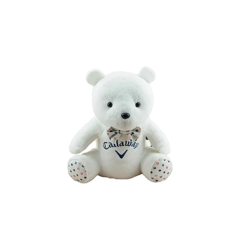White cartoon plush bear golf headcover featuring embroidered Callaway logo and decorative bow tie, compatible with driver and fairway woods for stylish protection and anti-scratch durability.
