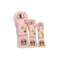 Pink cartoon puppy golf headcovers set with embroidered puppy design, stars, golf bag and flag motifs, featuring zipper pocket for accessories, fits driver, fairway and utility clubs.