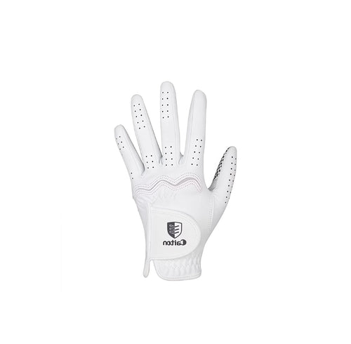  Cation women's golf gloves in white, featuring a breathable perforated design on the fingers, anti-slip palm, and a secure velcro wrist strap with the Cation logo for enhanced grip and comfort.