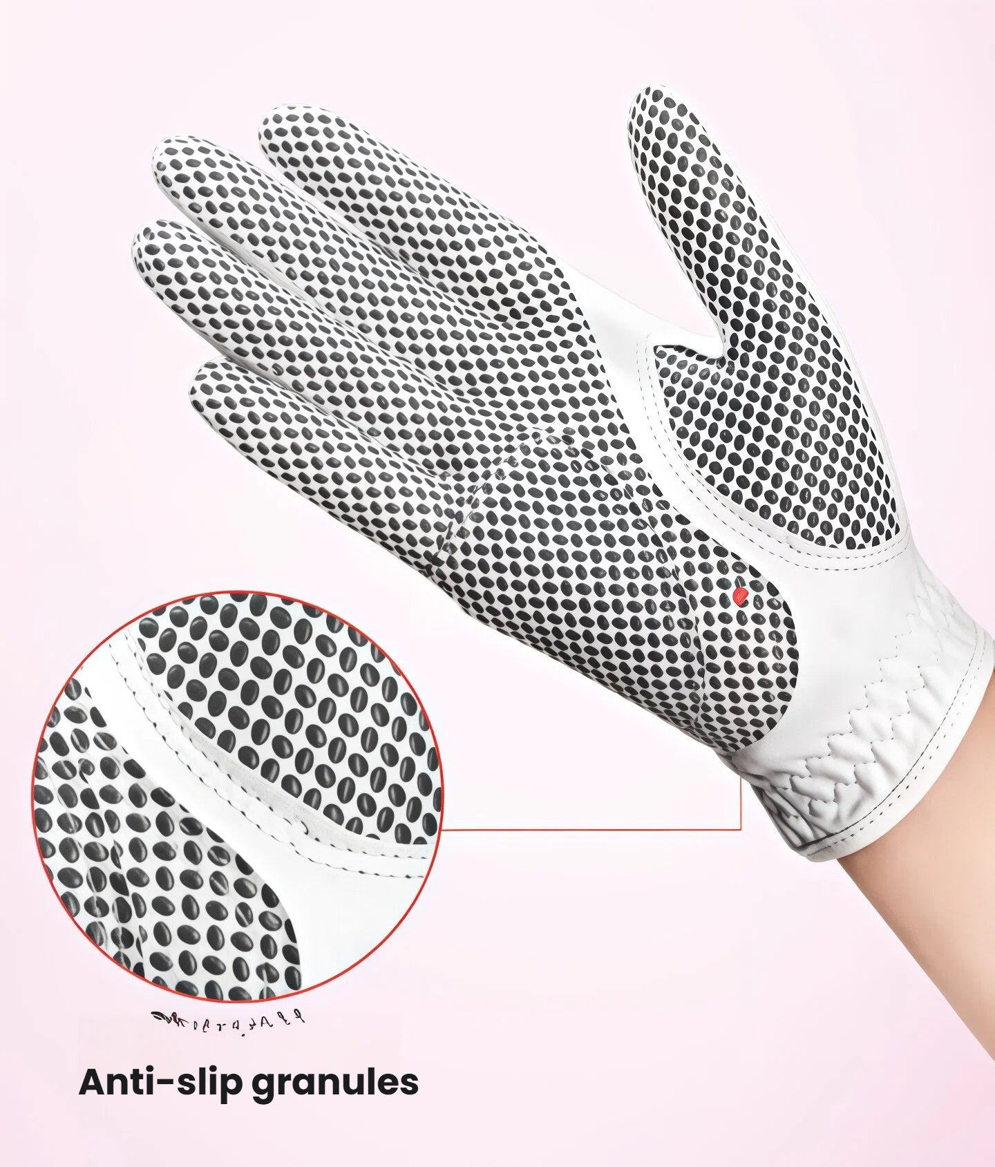 Close-up of Cation women's golf gloves showcasing the anti-slip granules on the palm, designed for superior traction and control during your swing, with a focus on the durable material and ergonomic fit.