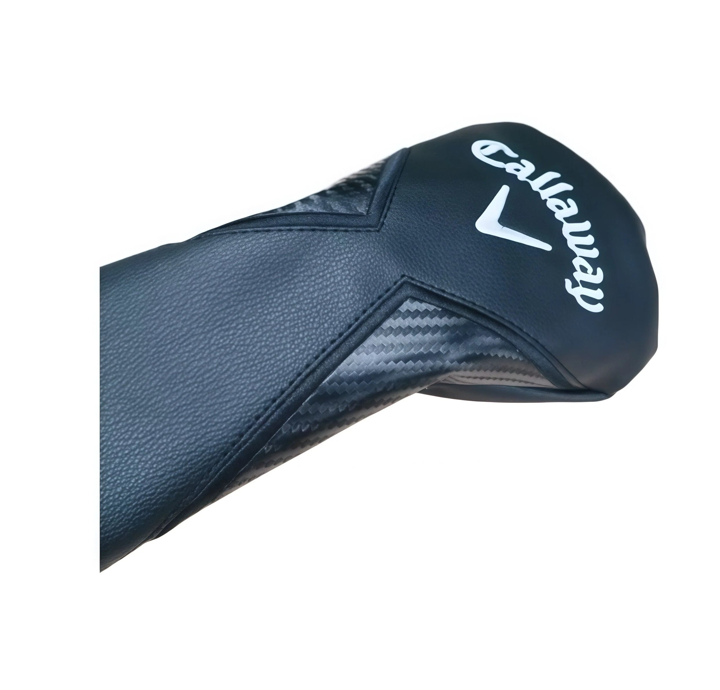 Detailed top view of navy Callaway wood headcover showing embroidered “Callaway” logo, chevron emblem, and glossy carbon fiber panel — highlights premium craftsmanship and aerodynamic contouring for snug club fit