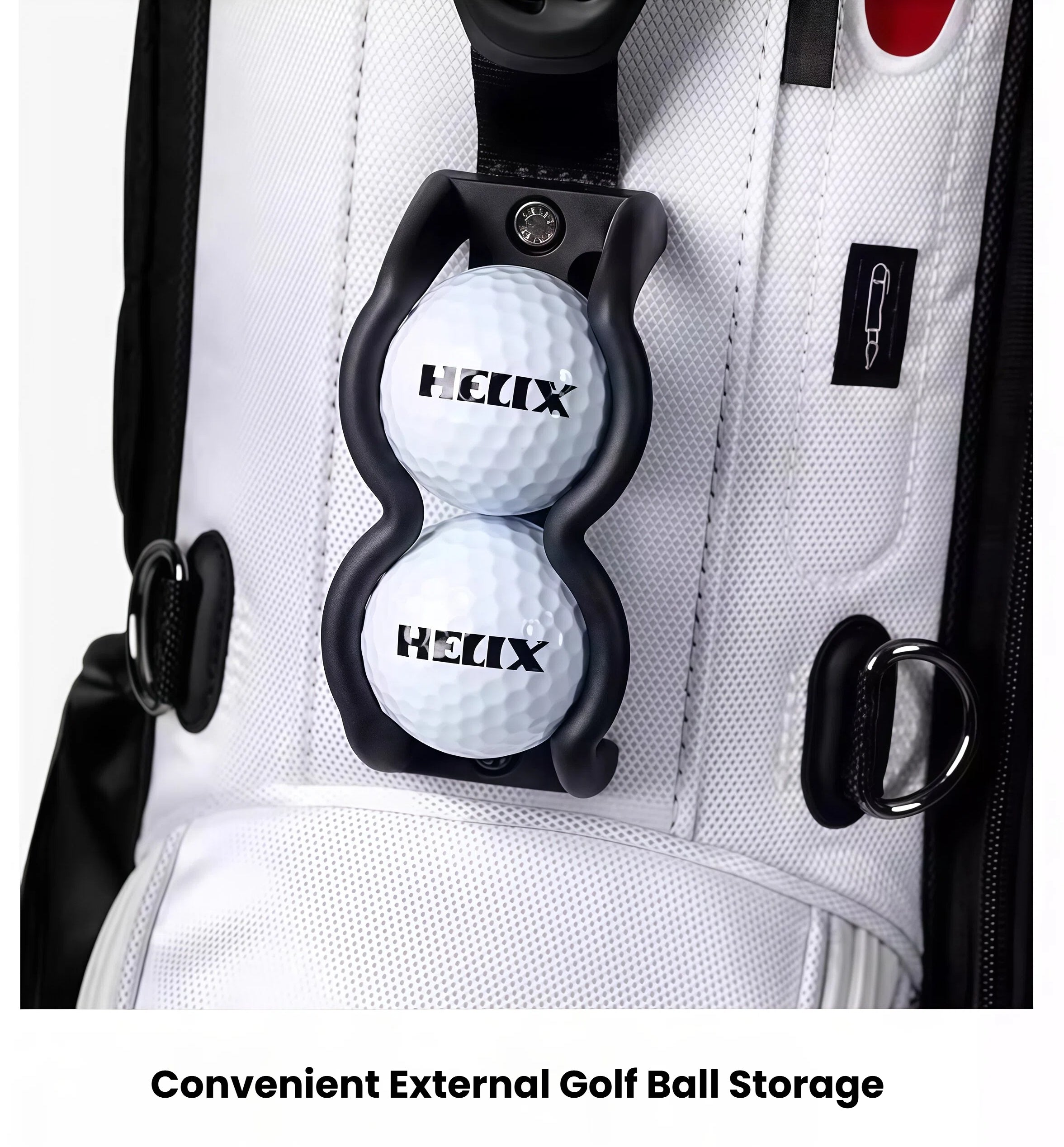 External golf ball holder on the HELIX travel bag holding two branded balls, providing quick access and secure storage during play.