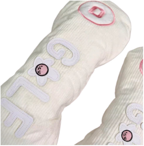 Corduroy golf driver headcover with pink flower design,立体GOLF letters and pink lettering (D), crafted from soft corduroy for premium protection and fashion appeal.