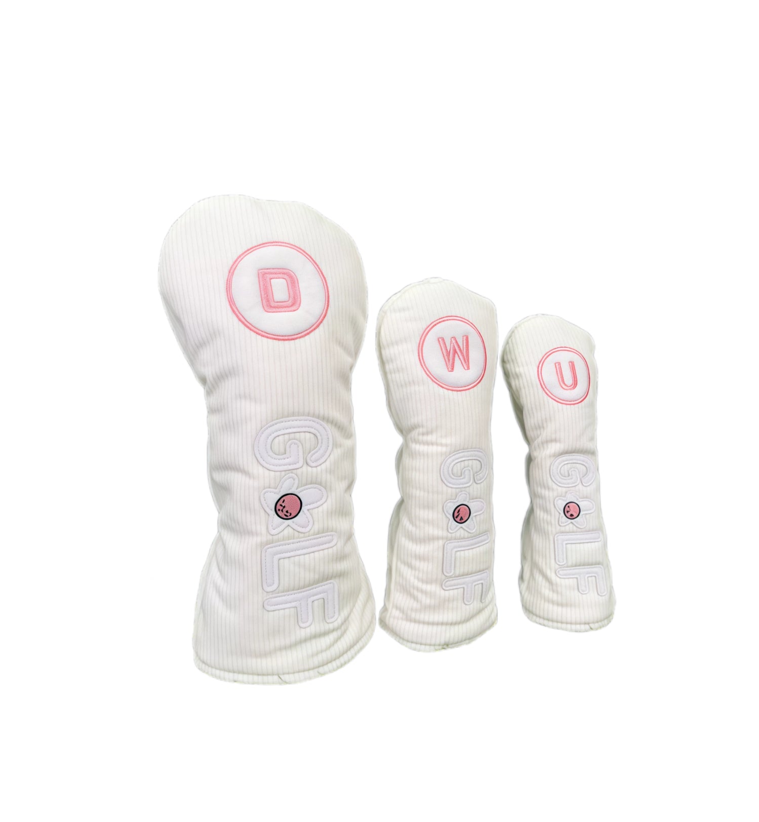 Corduroy golf headcovers set featuring white corduroy material with pink lettering (D, W, U),立体GOLF letters and flower design, compatible with driver, fairway woods and utility clubs.