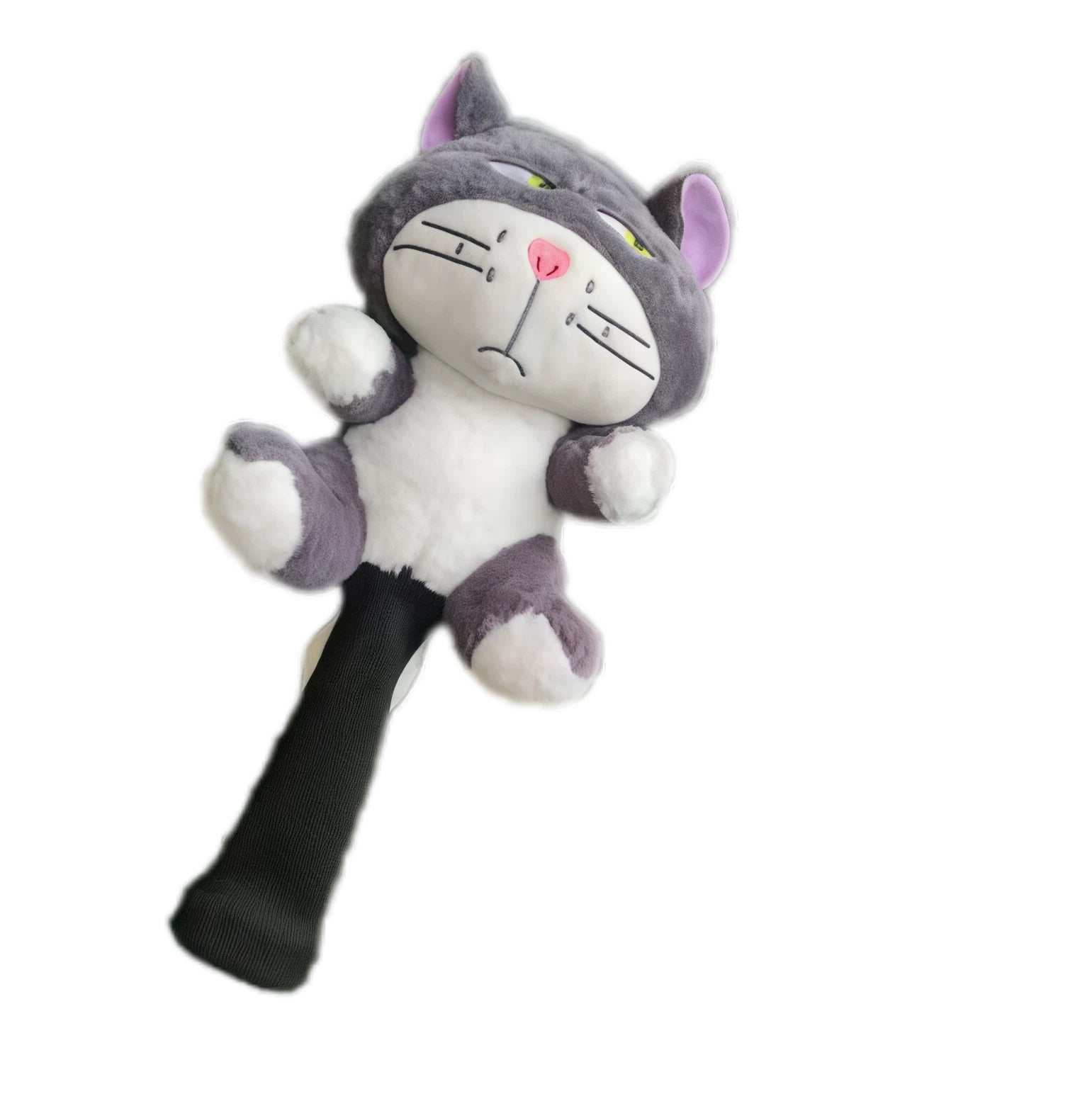 Side profile of a stuffed cat golf headcover featuring gray fur, white belly, fluffy paws, and a slightly annoyed expression, securely fitted over a driver shaft with black grip.