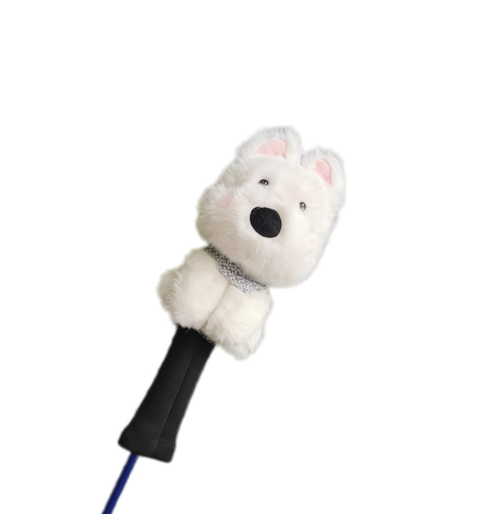 Cute Westie golf headcover in white plush with grey patterned collar, compatible with driver, fairway woods, and irons for stylish and durable protection.