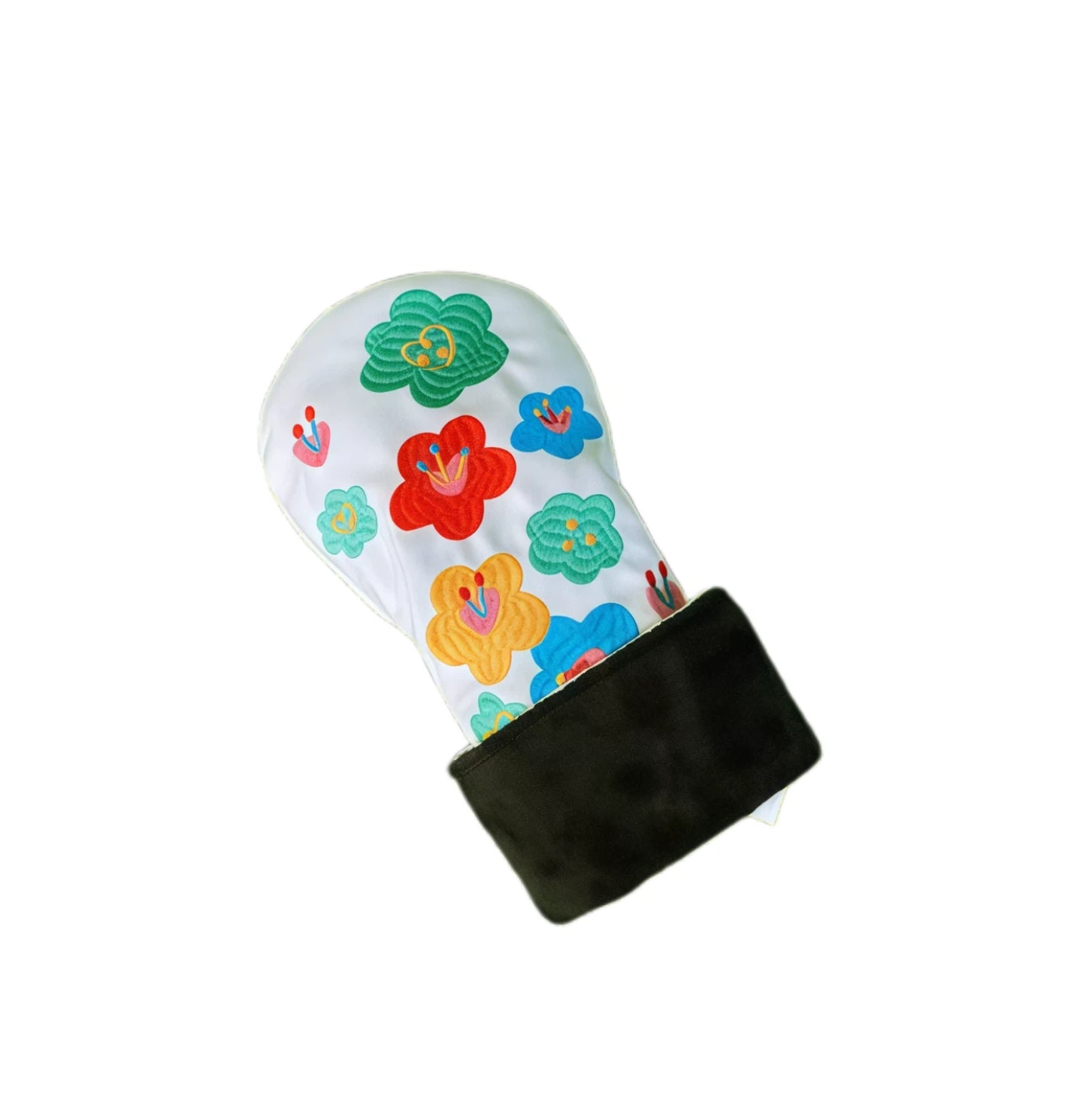 Bottom view of embroidered PU golf headcover showing black velvet lining and colorful flower design, designed for soft protection and secure fit.