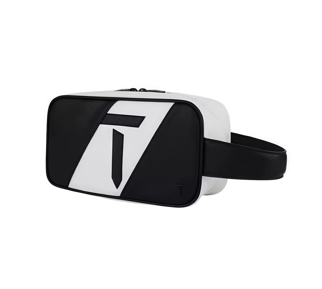 Alternative side angle of the European Tour golf pouch showing the full geometric pattern and wrist strap. Ideal for travel, gym, or daily use.