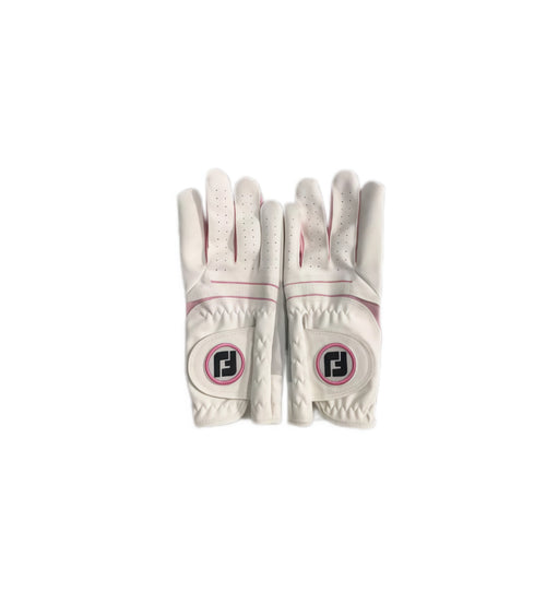 Pair of FootJoy HyperFLX golf gloves showing the back of the hand, featuring the iconic FJ logo, pink trim details, and a secure velcro closure system.