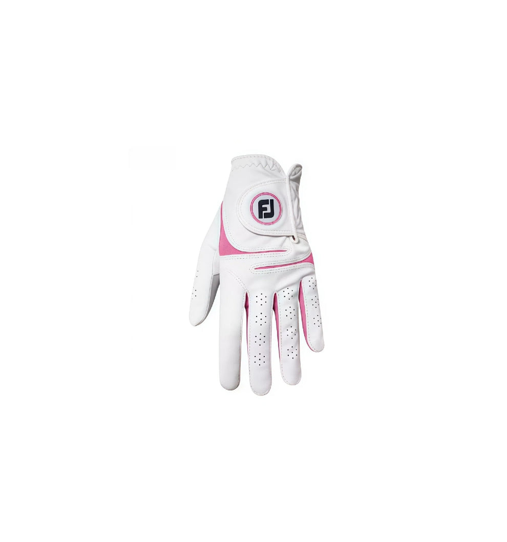 FootJoy HyperFLX women's left-hand golf glove in white with pink accents, featuring premium Cabretta leather and a modern, athletic design.