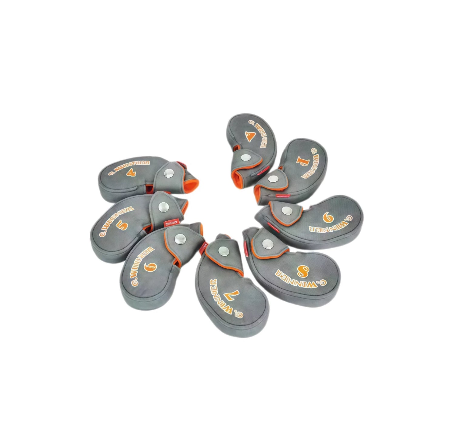 G.Winner Streamlined Golf Iron Covers Set in grey with orange numbers 4, 5, 6, 7, 8, 9, I, P - magnetic closure for durable, dust-proof protection