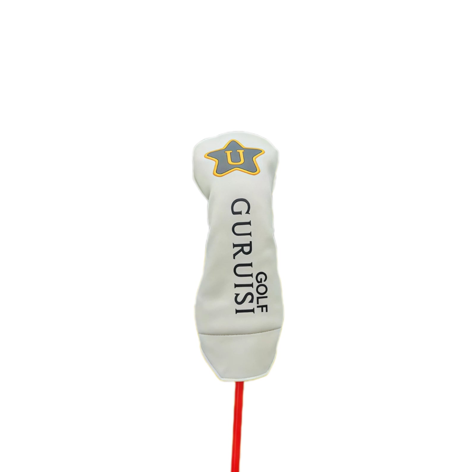 GURUISI Minimalist Putter Headcover in white, featuring a grey star with yellow outline and letter "U", with "GURUISI GOLF" branding, universal fit for blade putters.