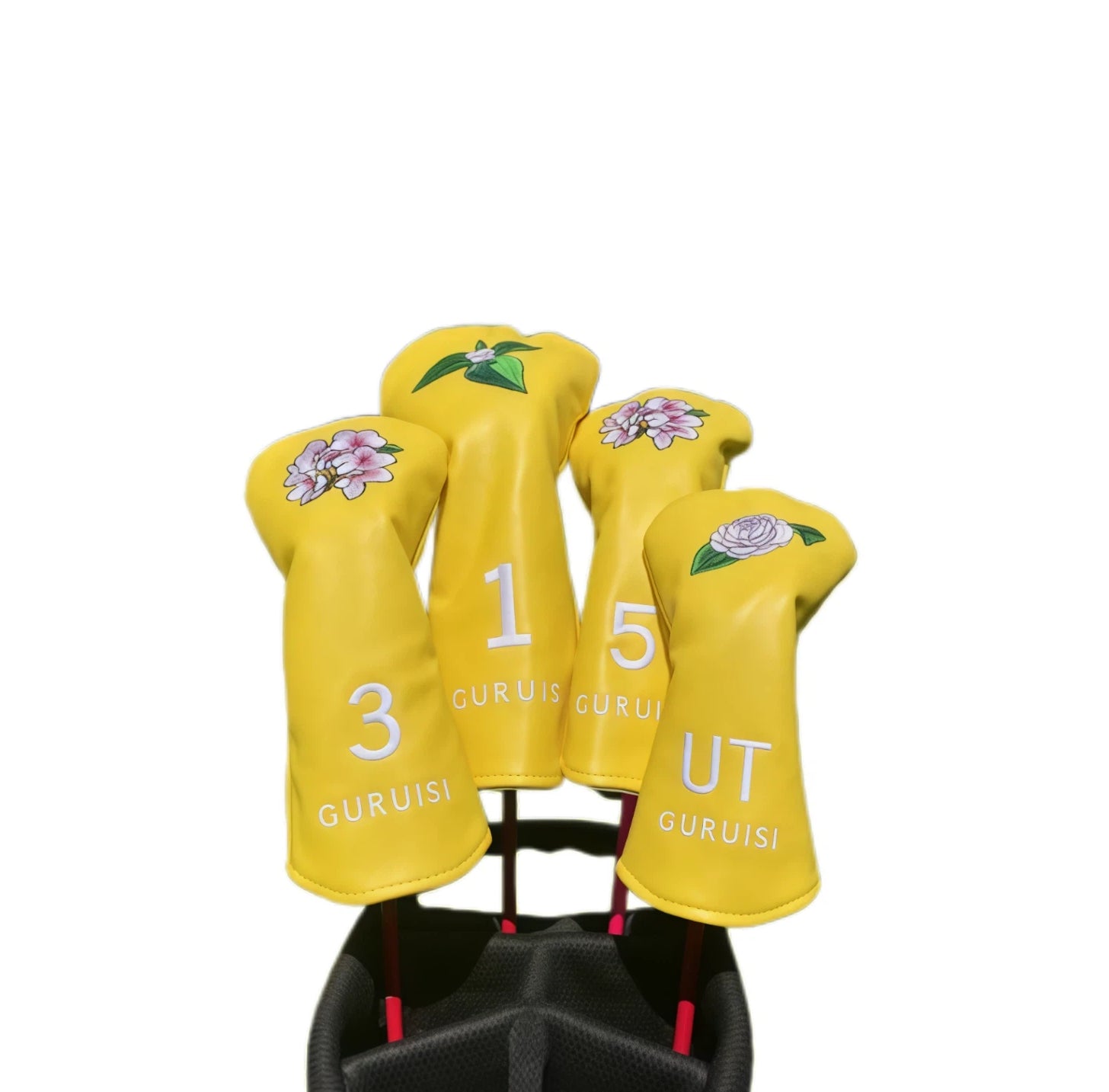 Yellow GURUISI golf headcover set with vibrant embroidered flowers — includes driver (1), 3-wood, 5-wood, and UT cover with magnetic fit and brand name for cheerful, eye-catching club protection.