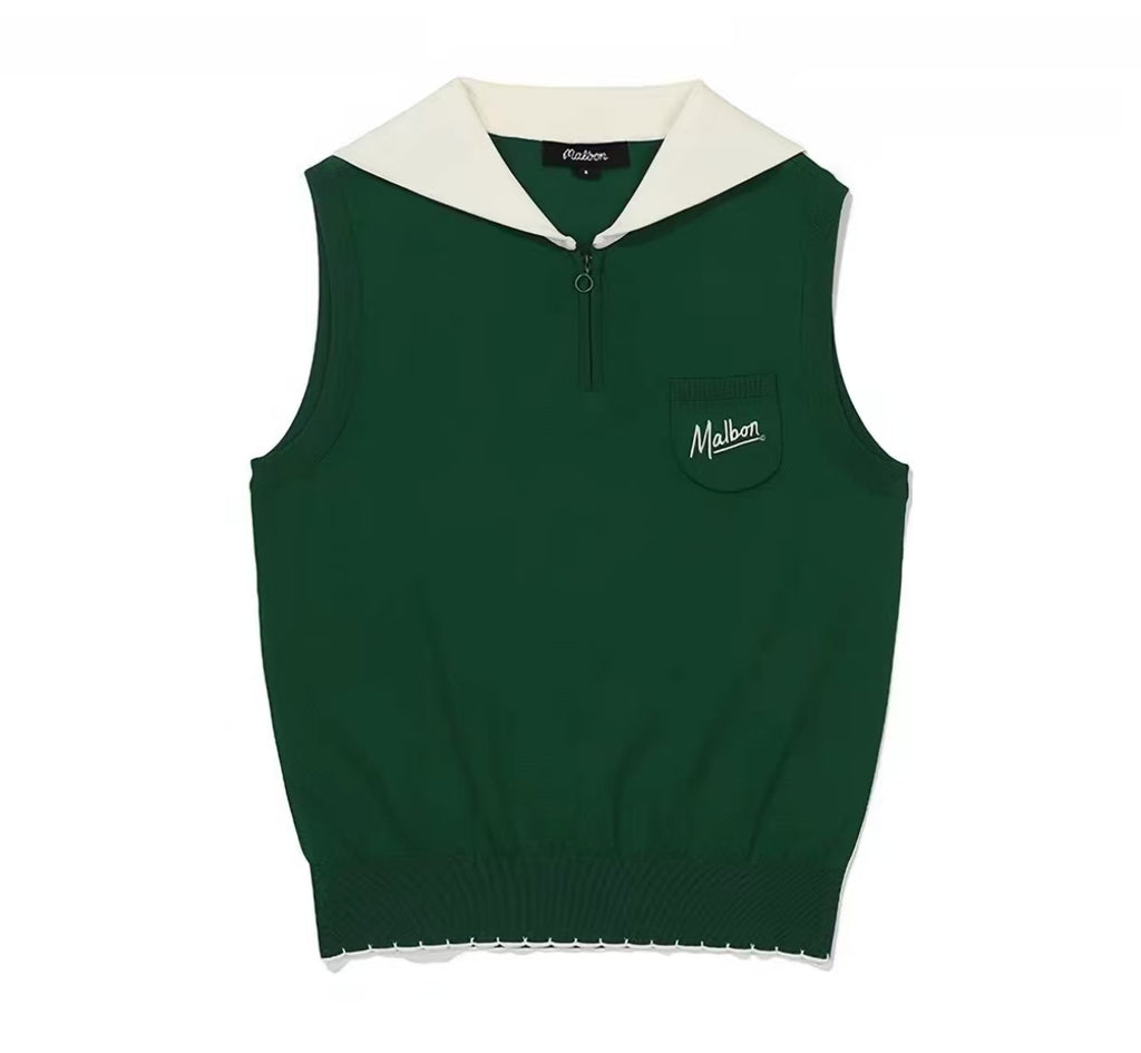 Malbon Women's Knit Short Sleeve Polo Shirt Green knit golf polo front view