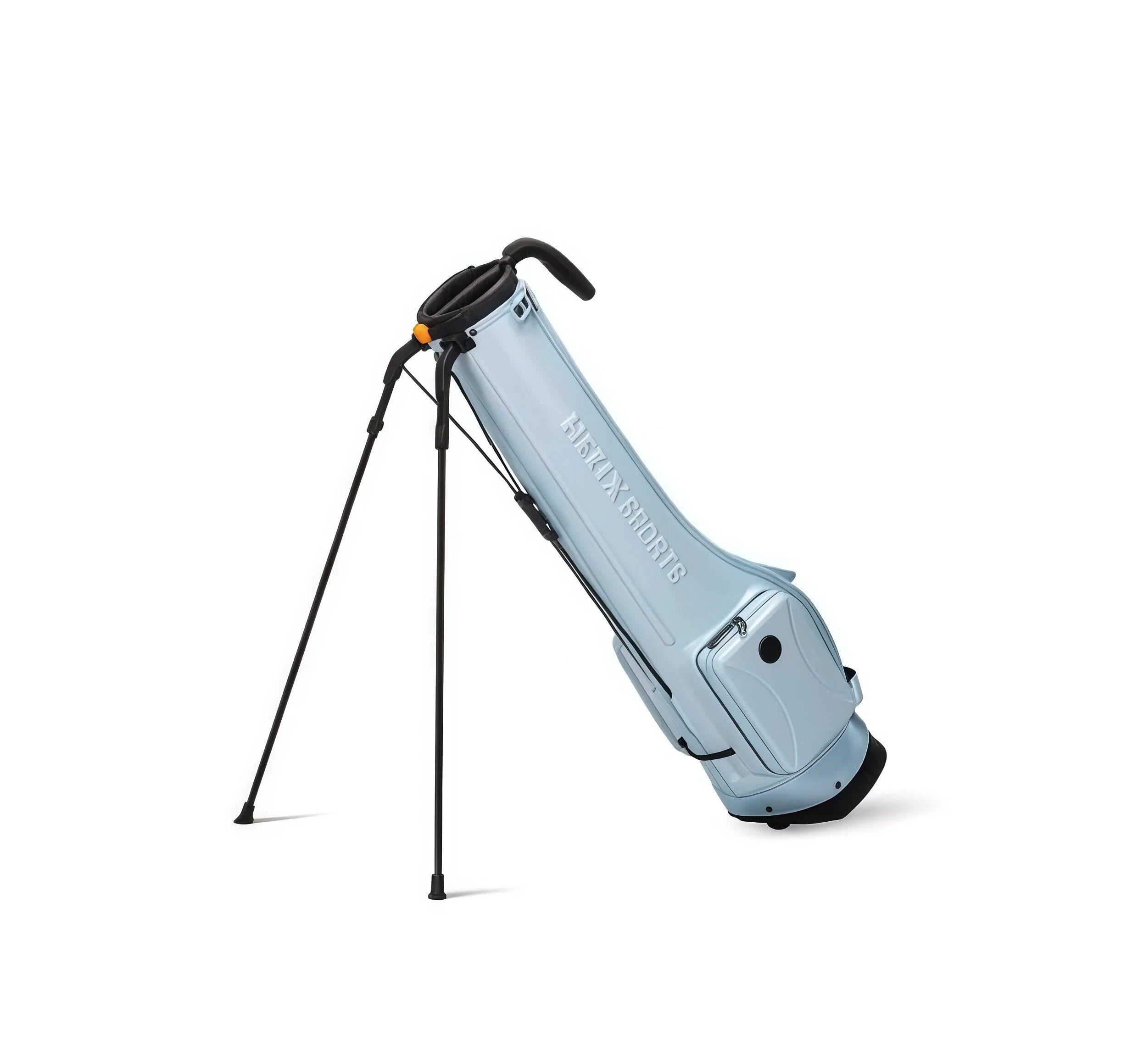 Sky blue HELIX B-Series golf stand bag viewed from the opposite side, showing adjustable black legs and ergonomic carry handle for easy mobility.