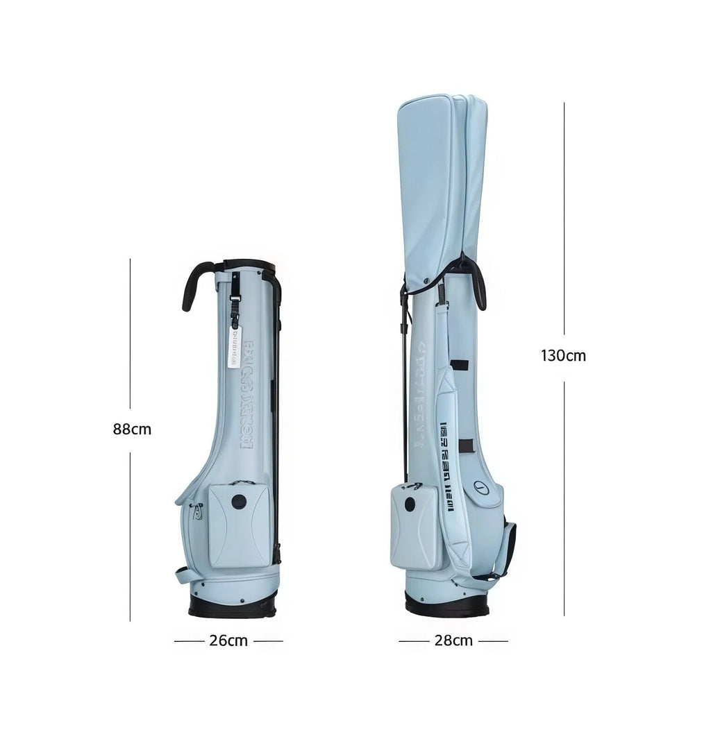Size comparison of the HELIX B-Series golf stand bag showing two configurations: 88cm collapsed height and 130cm extended height, with width measurements of 26cm and 28cm.