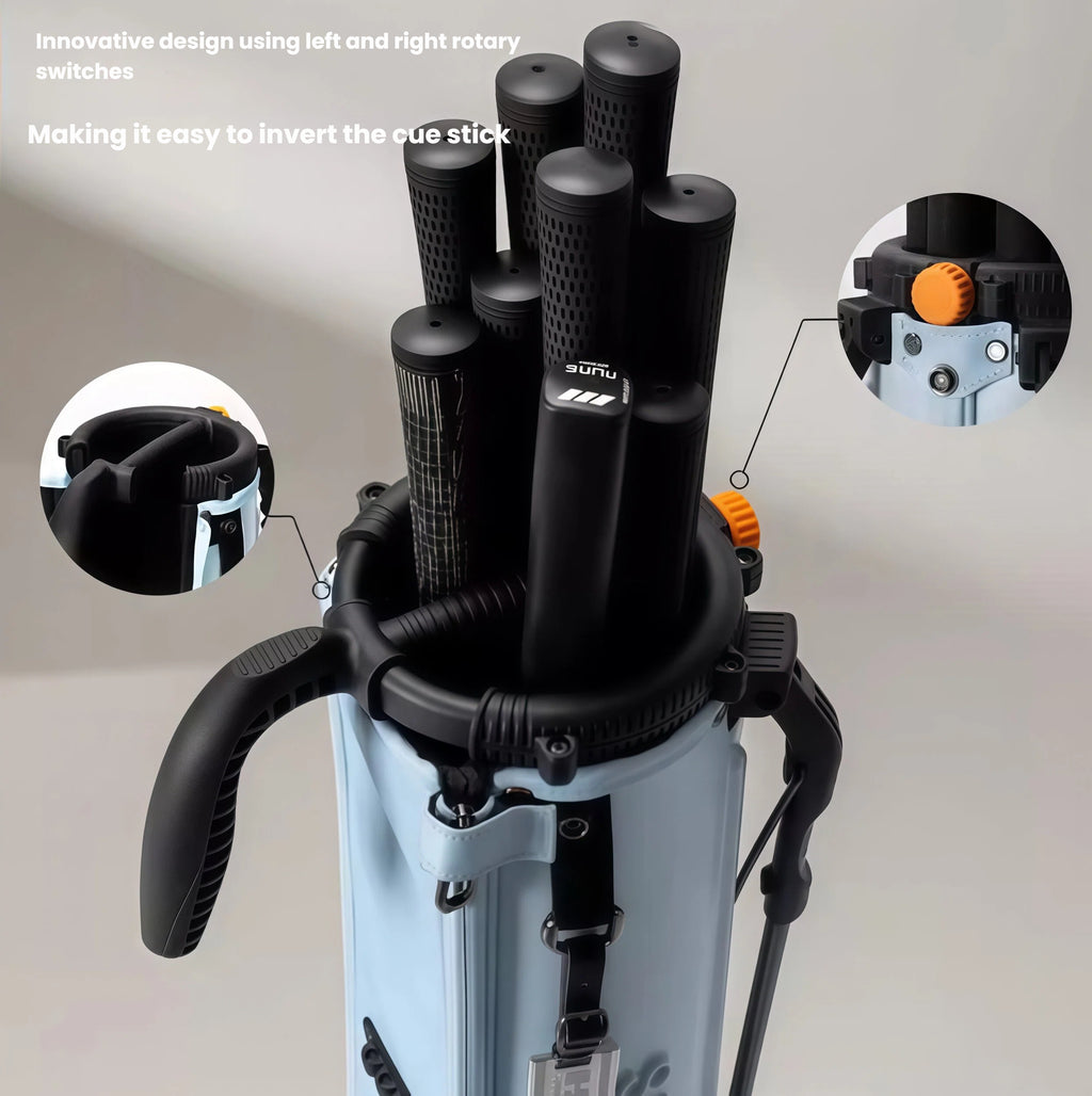 Top view of the HELIX B-Series golf stand bag with left and right rotary switches enabling quick cue stick inversion, ideal for players needing flexible shaft access.