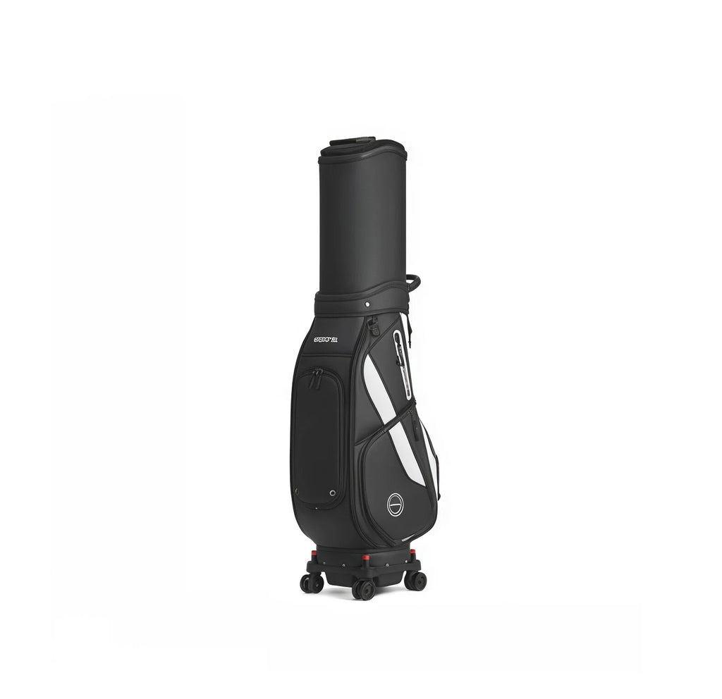 Back view of the HELIX H95236 all-black golf travel bag highlighting its streamlined silhouette, reinforced stitching, side pockets, and wheeled base for effortless transport.