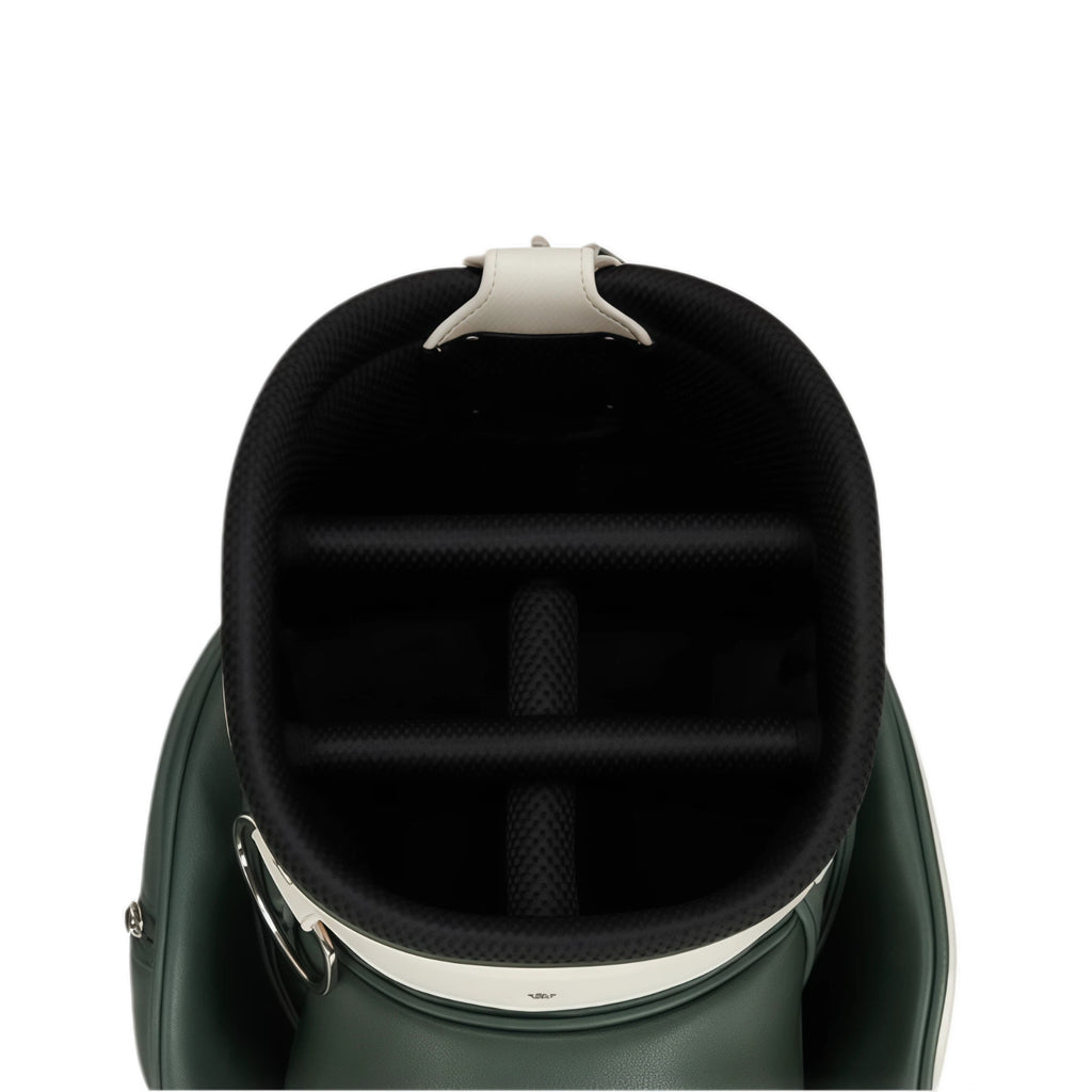 Top-down interior view of Malbon Golf cart bag showing black padded lining, club dividers, and secure structure. Designed to protect clubs and ensure organized storage.