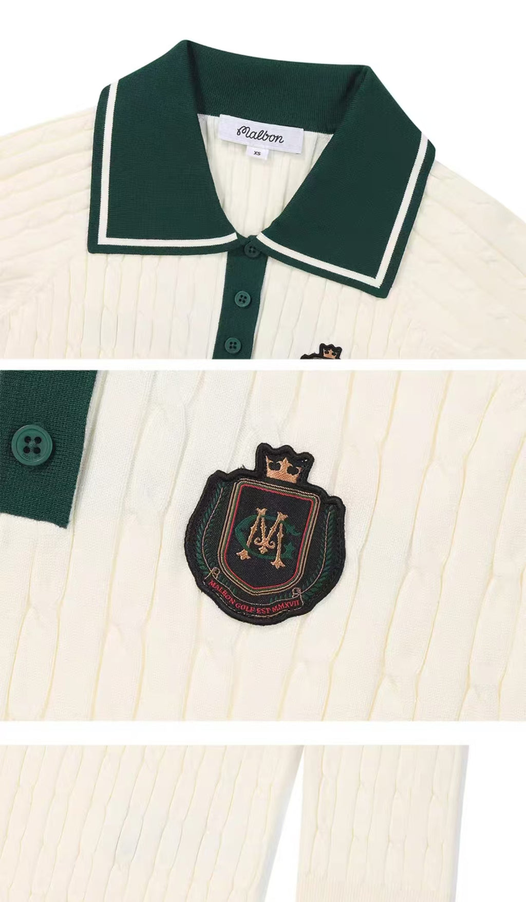 Malbon Preserve Point Collar Knit Ivory knit golf top detail view