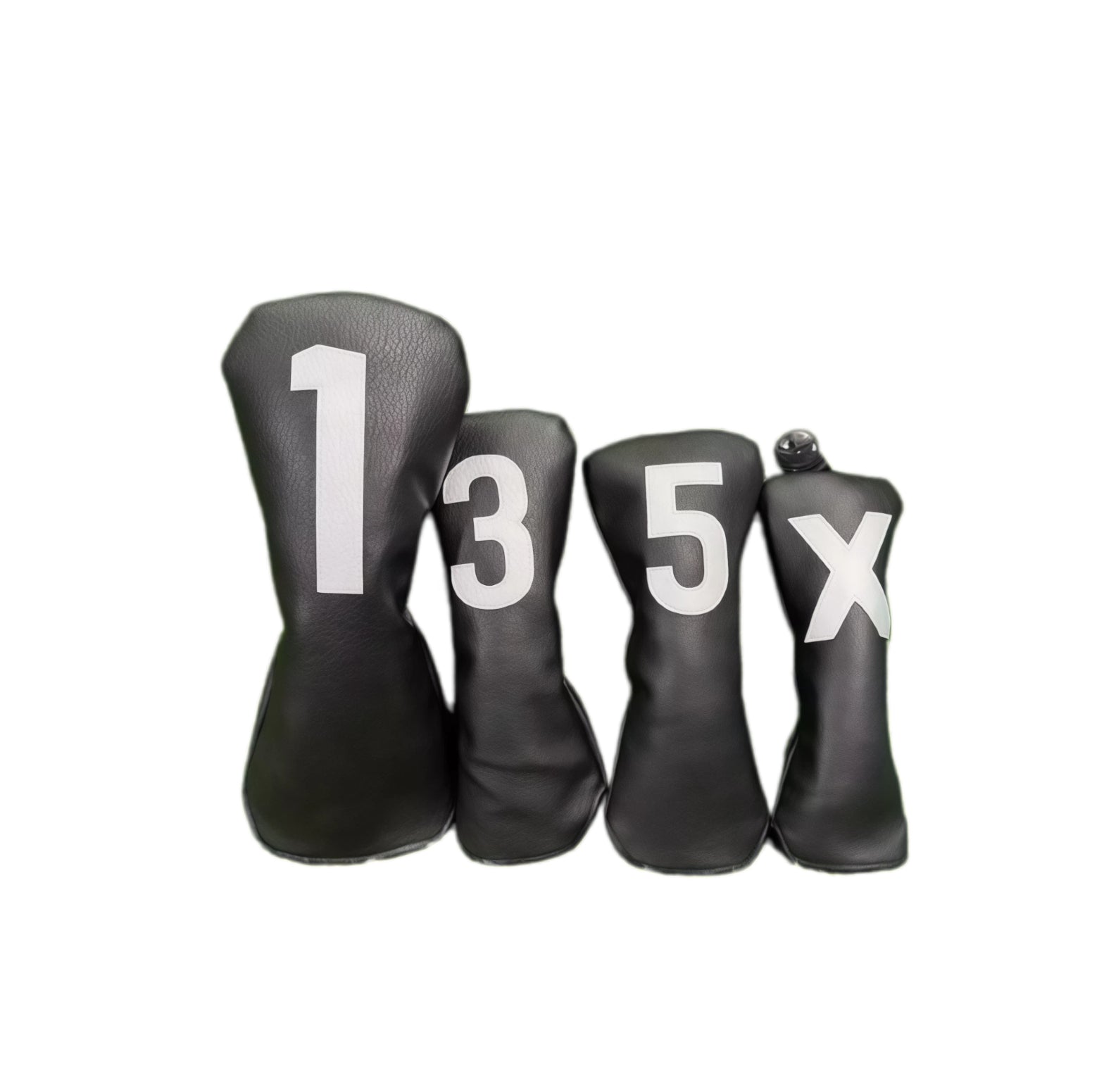 Black Korean style PU golf headcovers set with bold white embroidered numbers “1”, “3”, “5”, “X”, compatible with driver, fairway and utility clubs for secure fit and stylish protection.