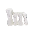 White Korean style PU golf headcovers set featuring large silver embroidered numbers “1”, “3”, “5”, “X” for driver, fairway and utility clubs, with elastic hem and durable protection.