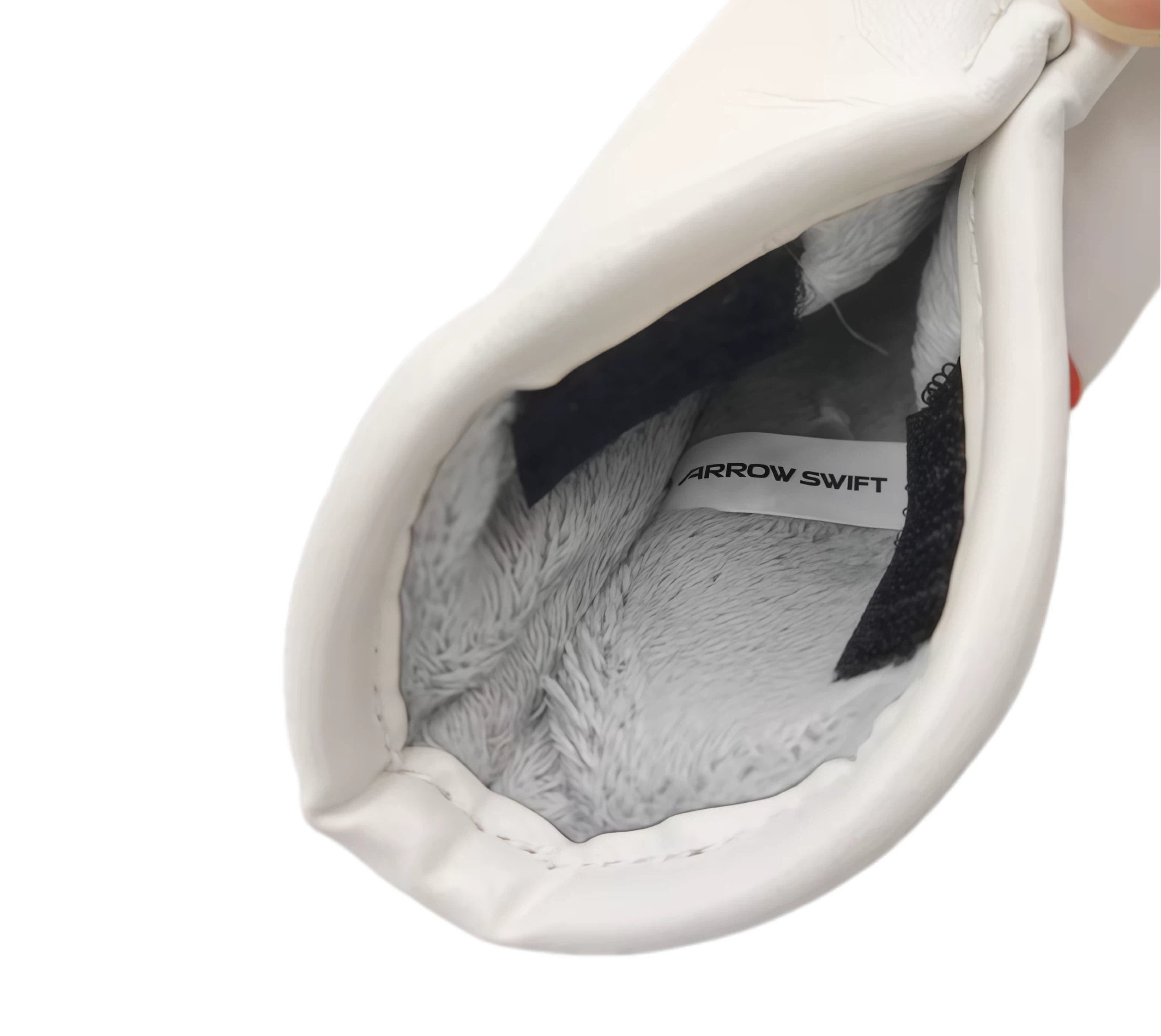 Close-up view of LOVE women's golf iron cover showing soft PU leather exterior and velvet lining, with ARROW SWIFT brand tag, providing scratch-free protection for golf clubs.