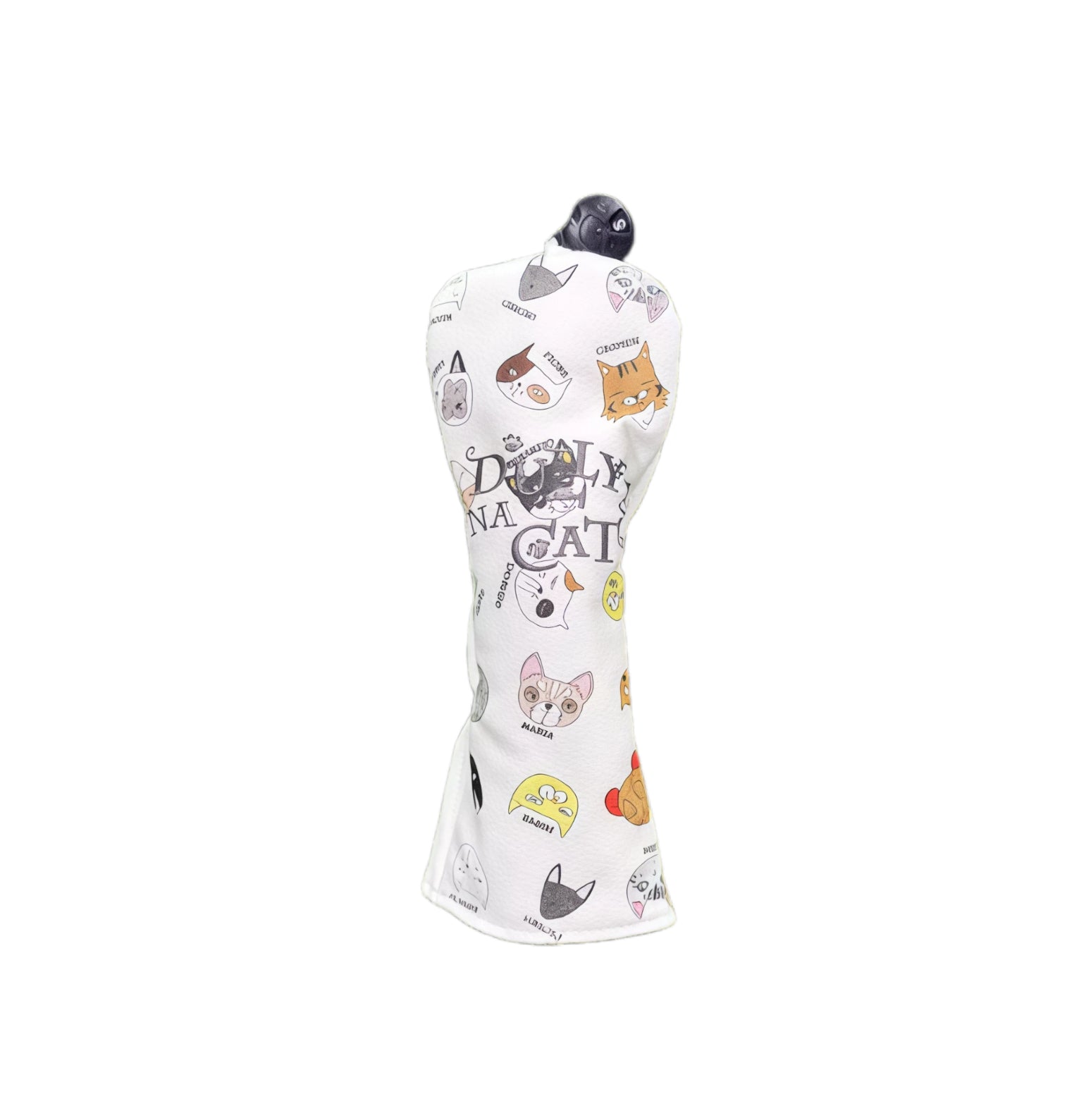 Back view of white Lazy Cat golf headcover showing elastic hem and cat face print, compatible with driver clubs for secure fit and stylish protection.
