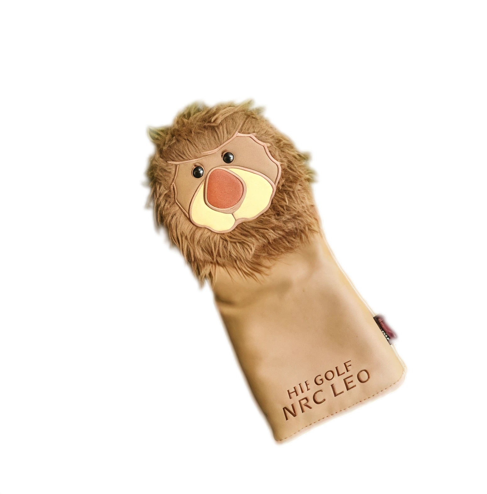 Close-up angled view of a single lion-themed golf headcover showing its fluffy brown mane, cartoon face with yellow snout and red nose, and tan waterproof PU body with brand logo.
