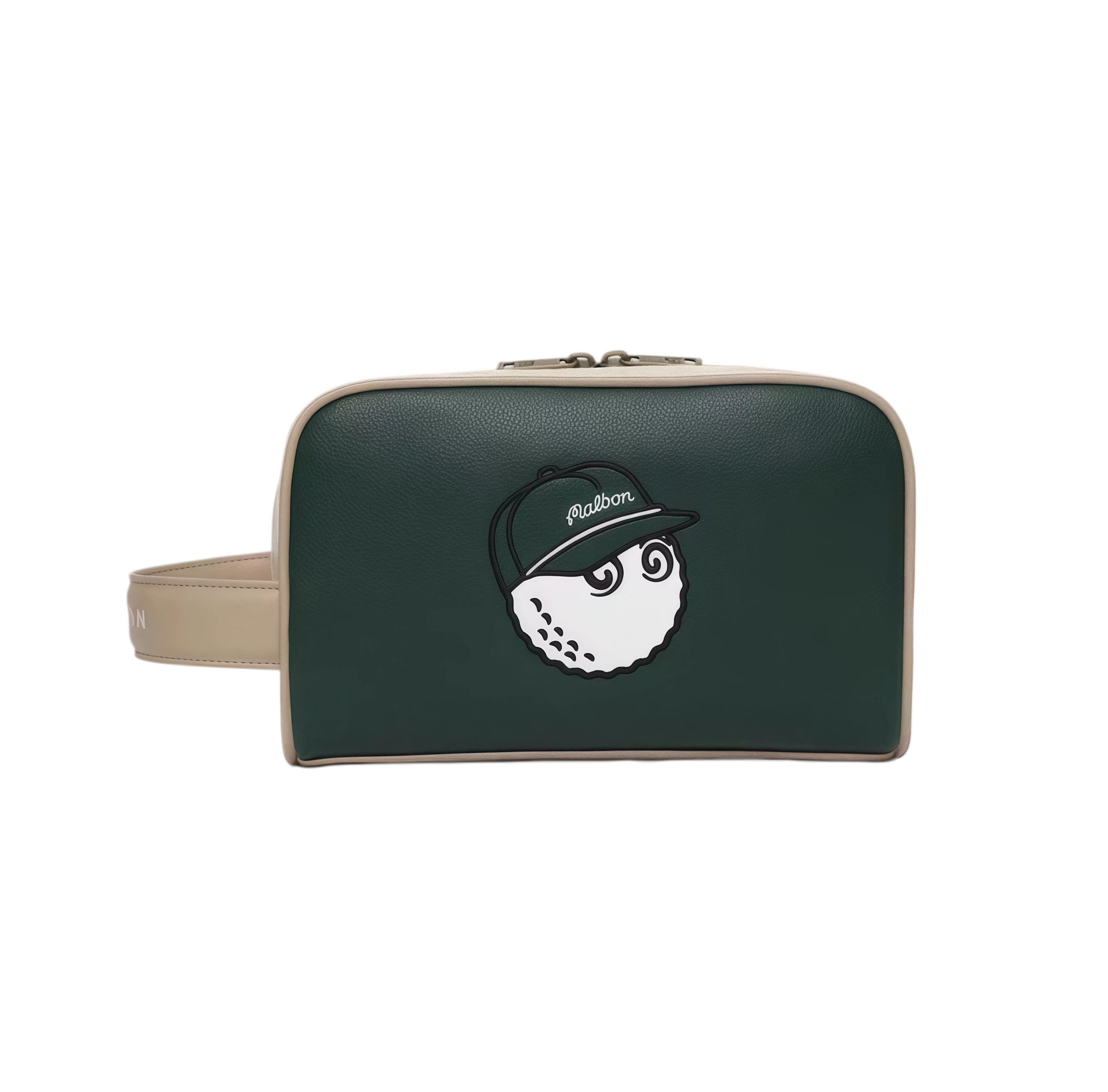 Front view of the brown Malbon mini accessories bag featuring elegant white cursive "Malbon" embroidery. Stylish and functional golf accessory storage.