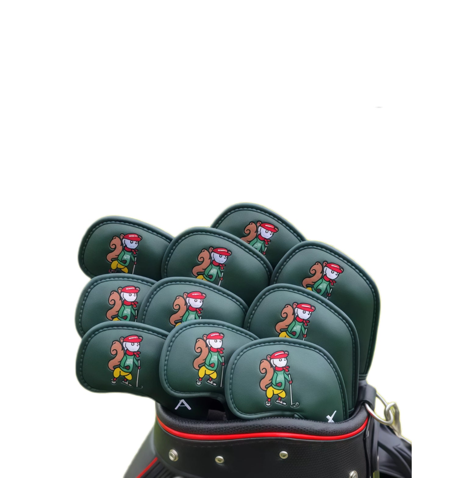 Malbon Caddie Embroidered Golf Iron Headcovers Set in forest green featuring cartoon squirrel caddie design with red cap and green outfit - magnetic closure PU leather covers for 4, 5, 6, 7, 8, 9, A, P, S, X irons - universal fit for men and women